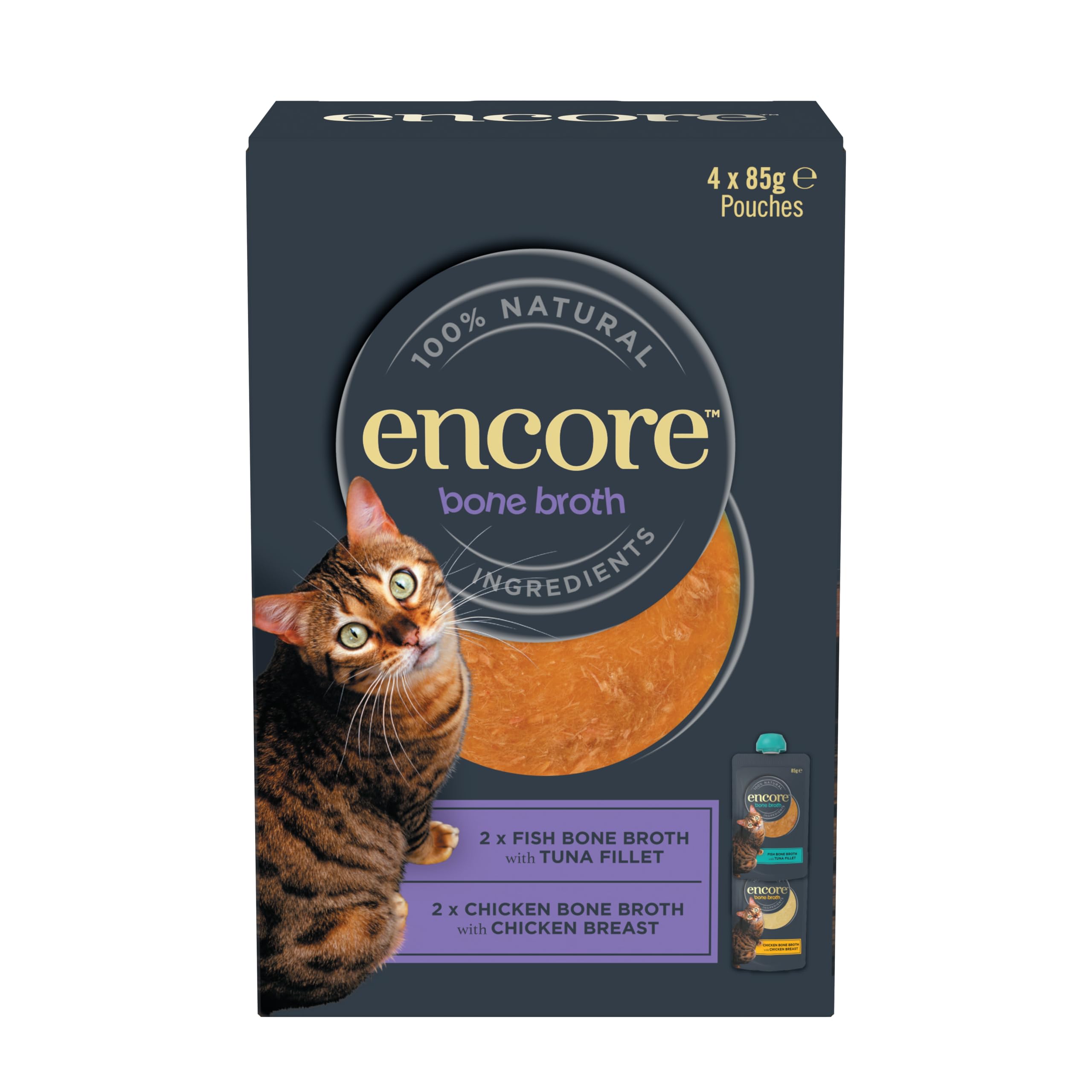 Encore Natural Bone Broth Mixed Selection for Cats - Supports Joints, Skin & Coat | 4 x 85g Pouches