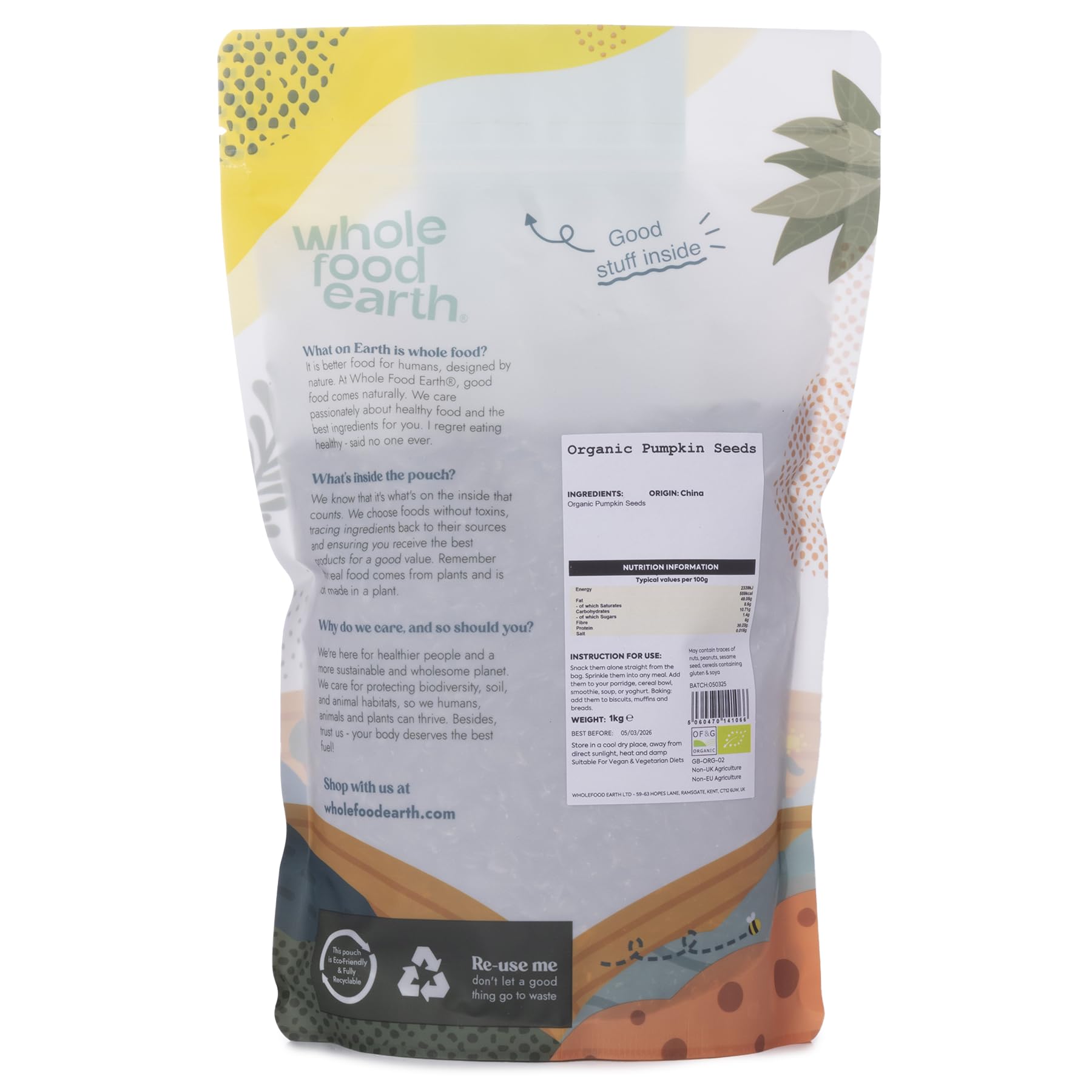 Wholefood Earth Organic Pumpkin Seeds - 1kg | High Fibre | High Protein | Raw 2