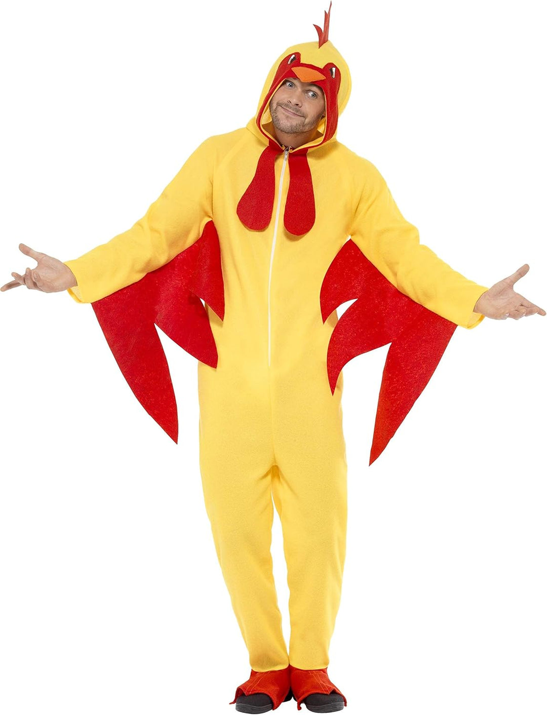 Smiffys Chicken Costume - Adult Men's Hooded All-in-One Fancy Dress Jumpsuit, Size L, Model 27857M