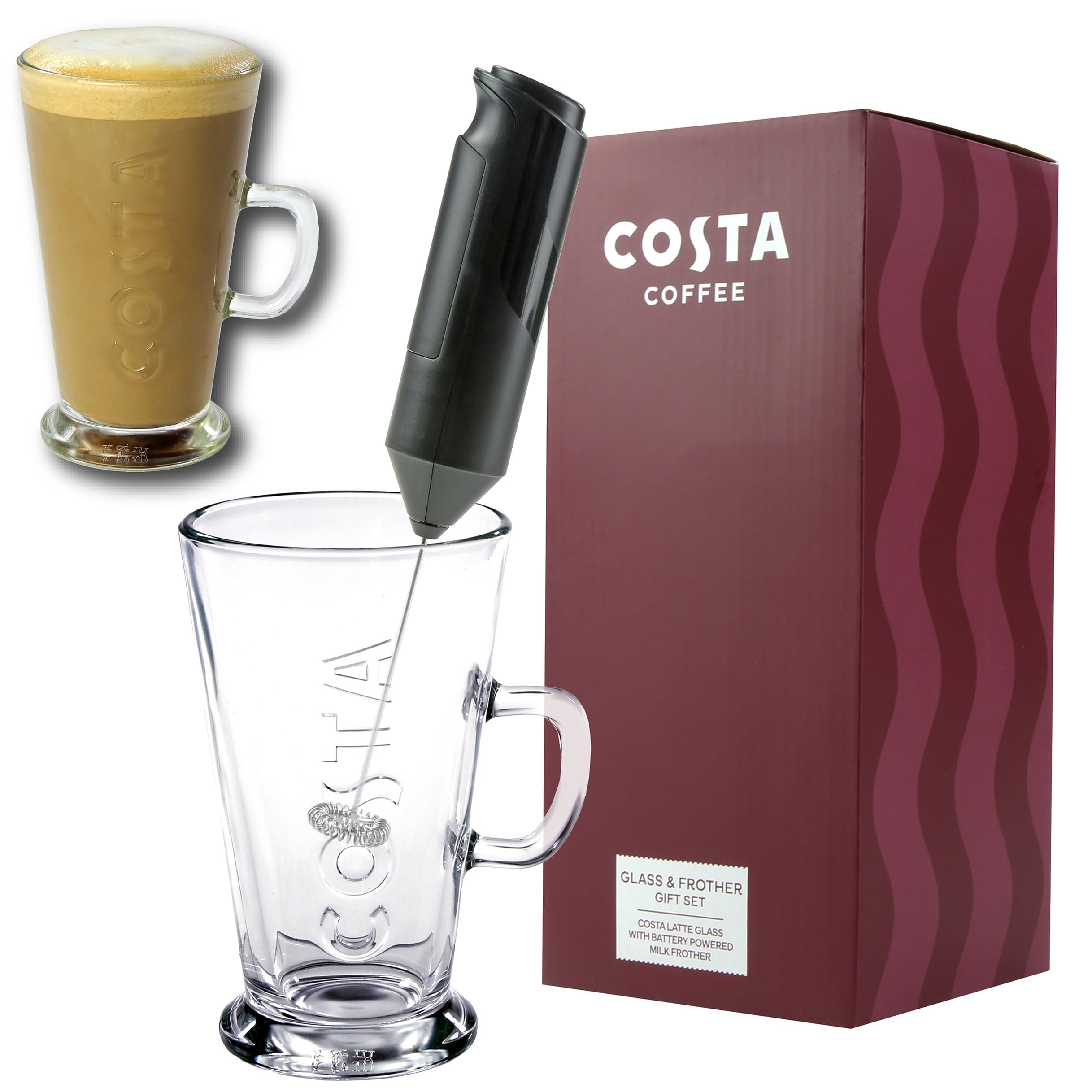 Kimm & Miller Costa Coffee Luxury Gift Set with Latte Glass & Battery-Powered Milk Frother