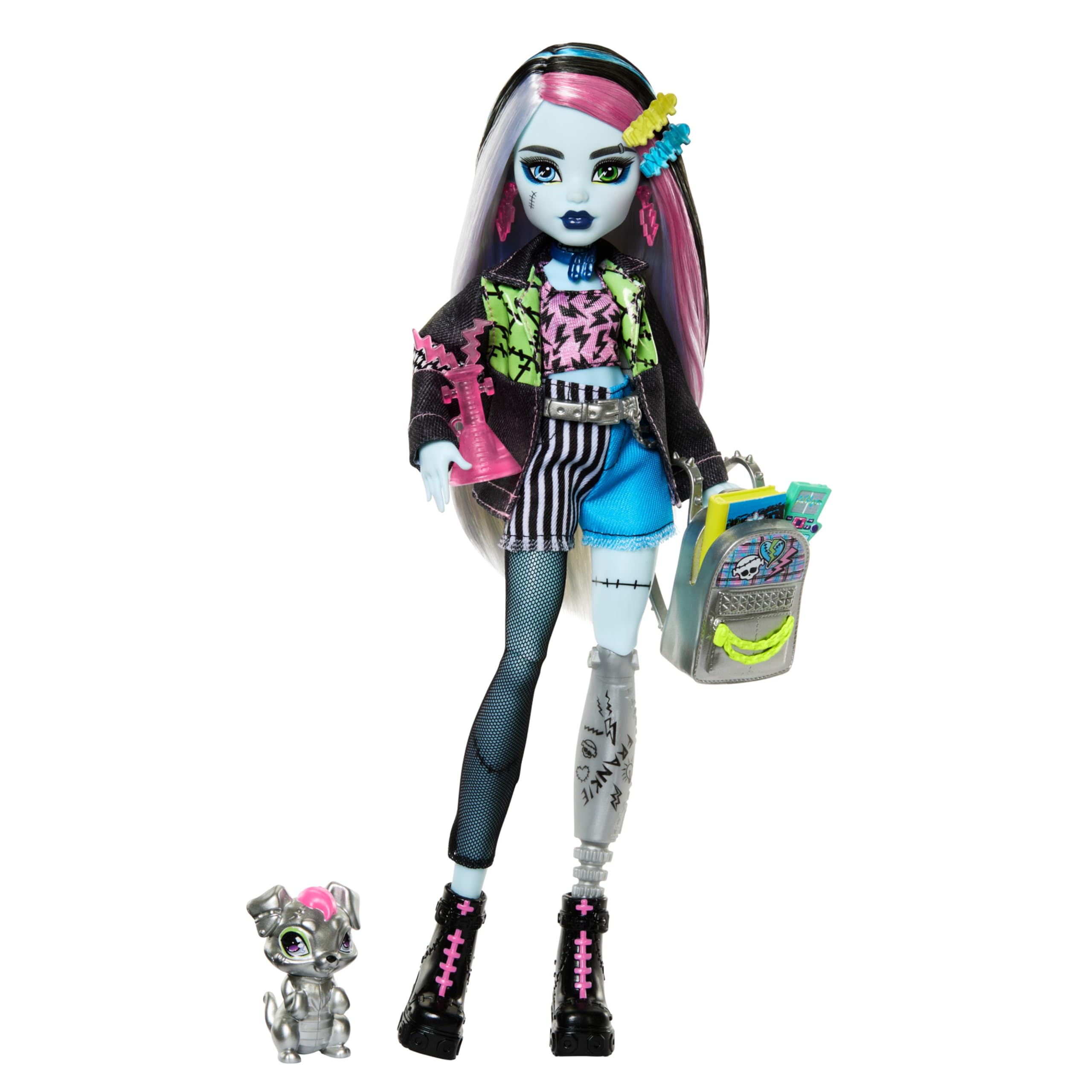 Monster High Frankie Stein Doll with Pet Watzie, Denim Outfit, Backpack, Notebook | Ages 4-18 | HXH73