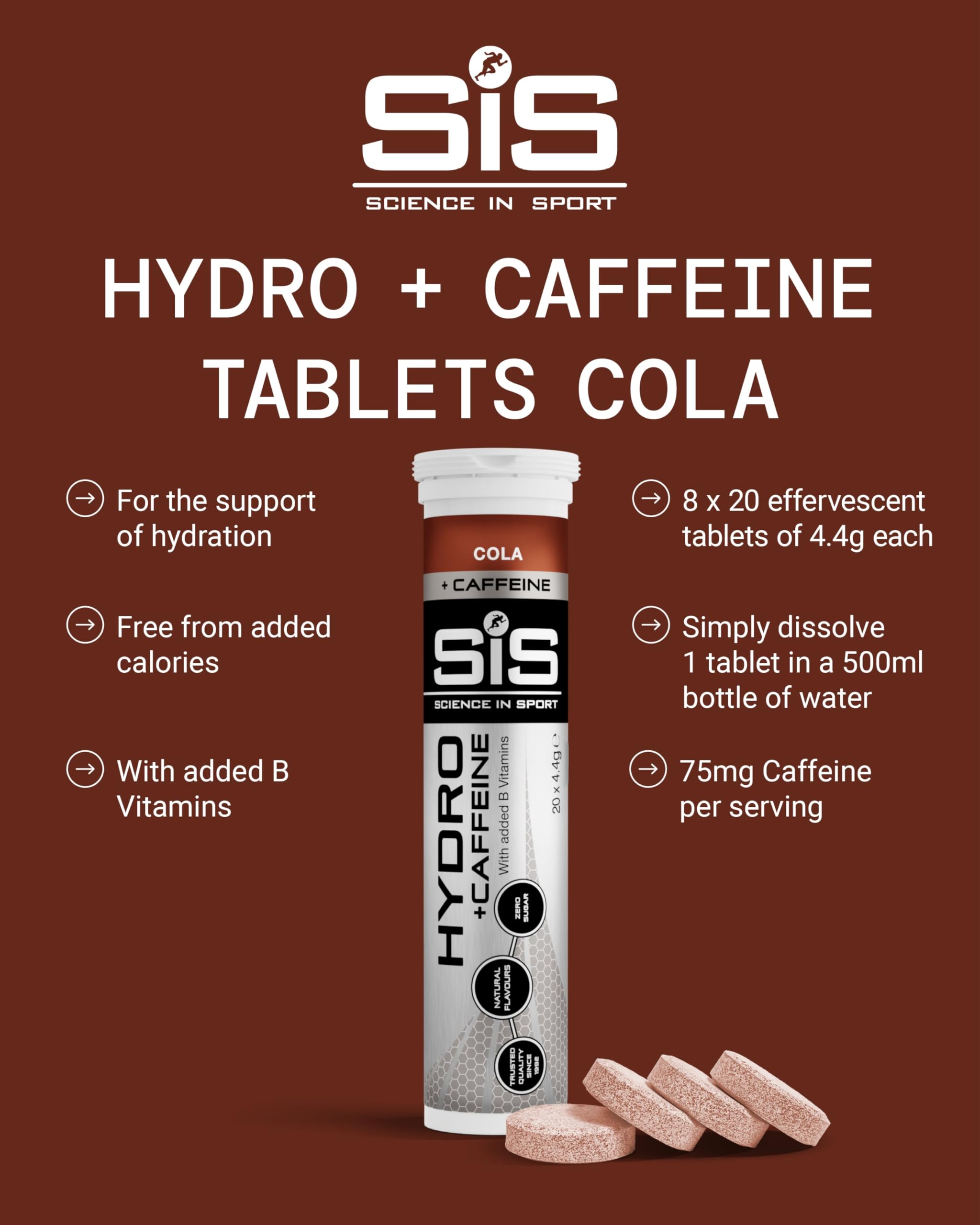 Science in Sport GO Hydro Elektrolyttabletten mit Koffein – Cola-Geschmack, 160 Tabletten (8 x 20), zuckerfrei, vegan