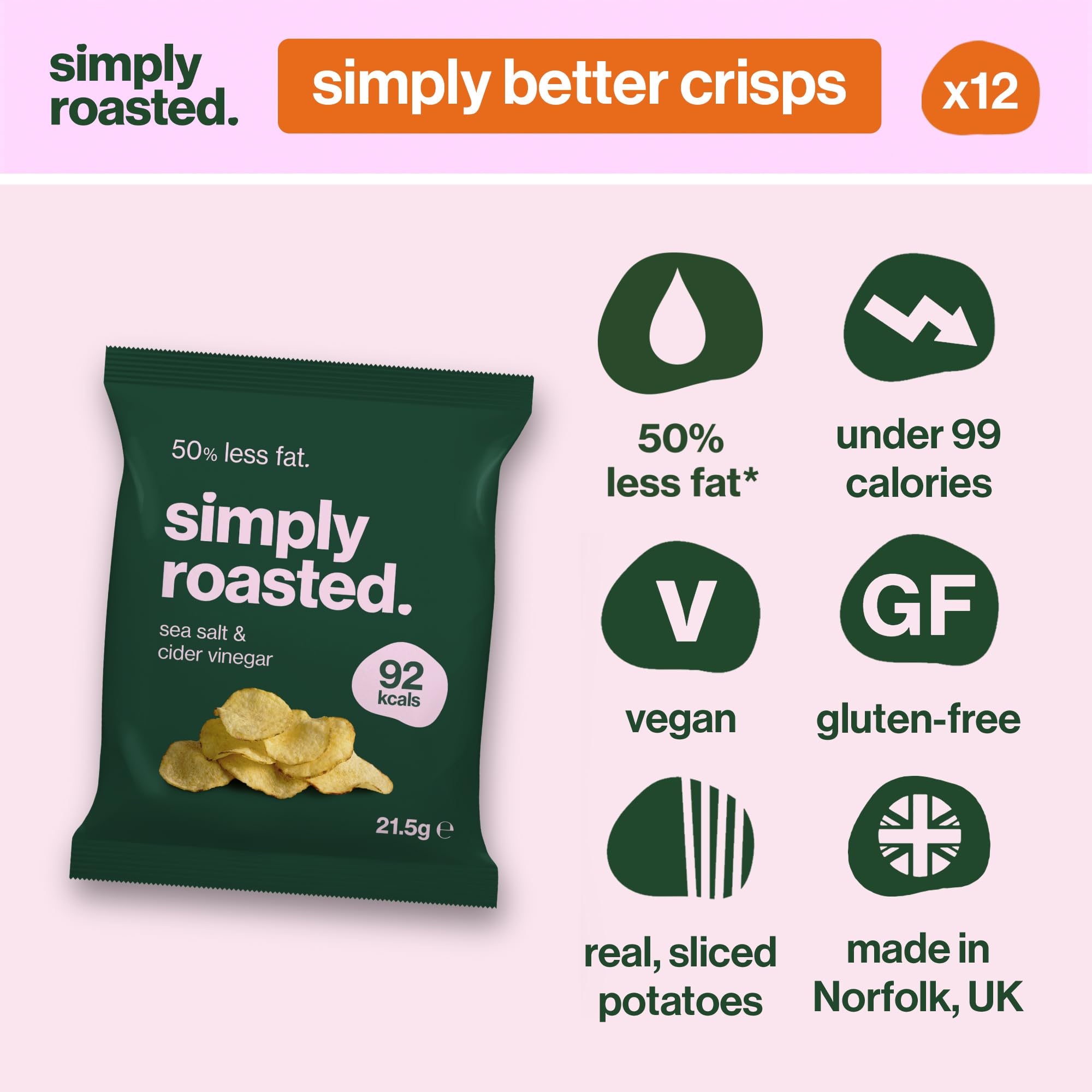 Simply Roasted Sea Salt & Vinegar Crisps - 12 x 21.5g Multipack | Roasted, 50% Less Fat 2