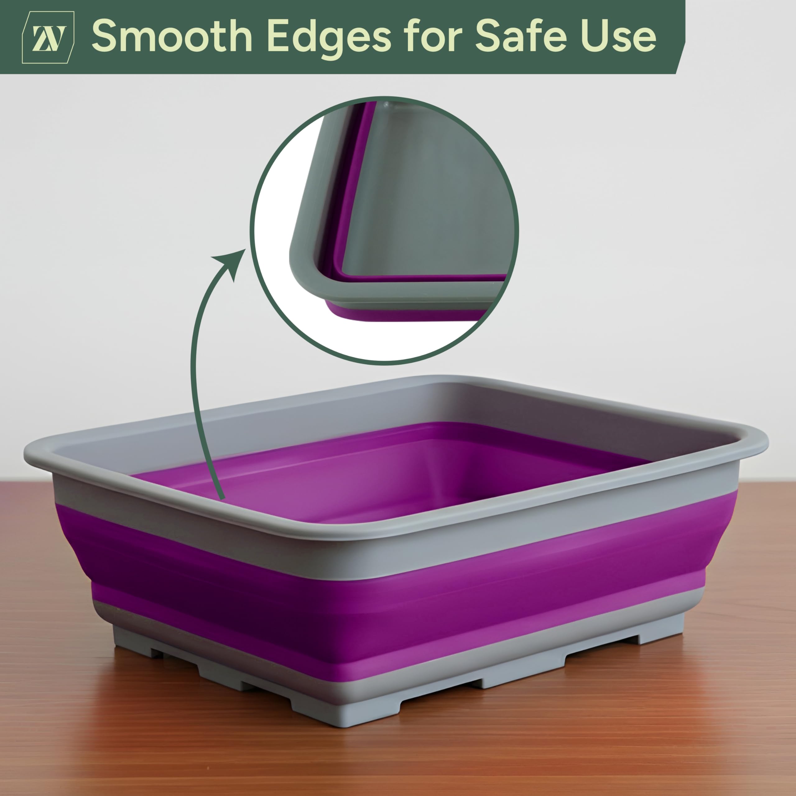 Zuvo Collapsible Washing Up Bowl - 10L Capacity | Folds to 5cm | Purple & Grey 3