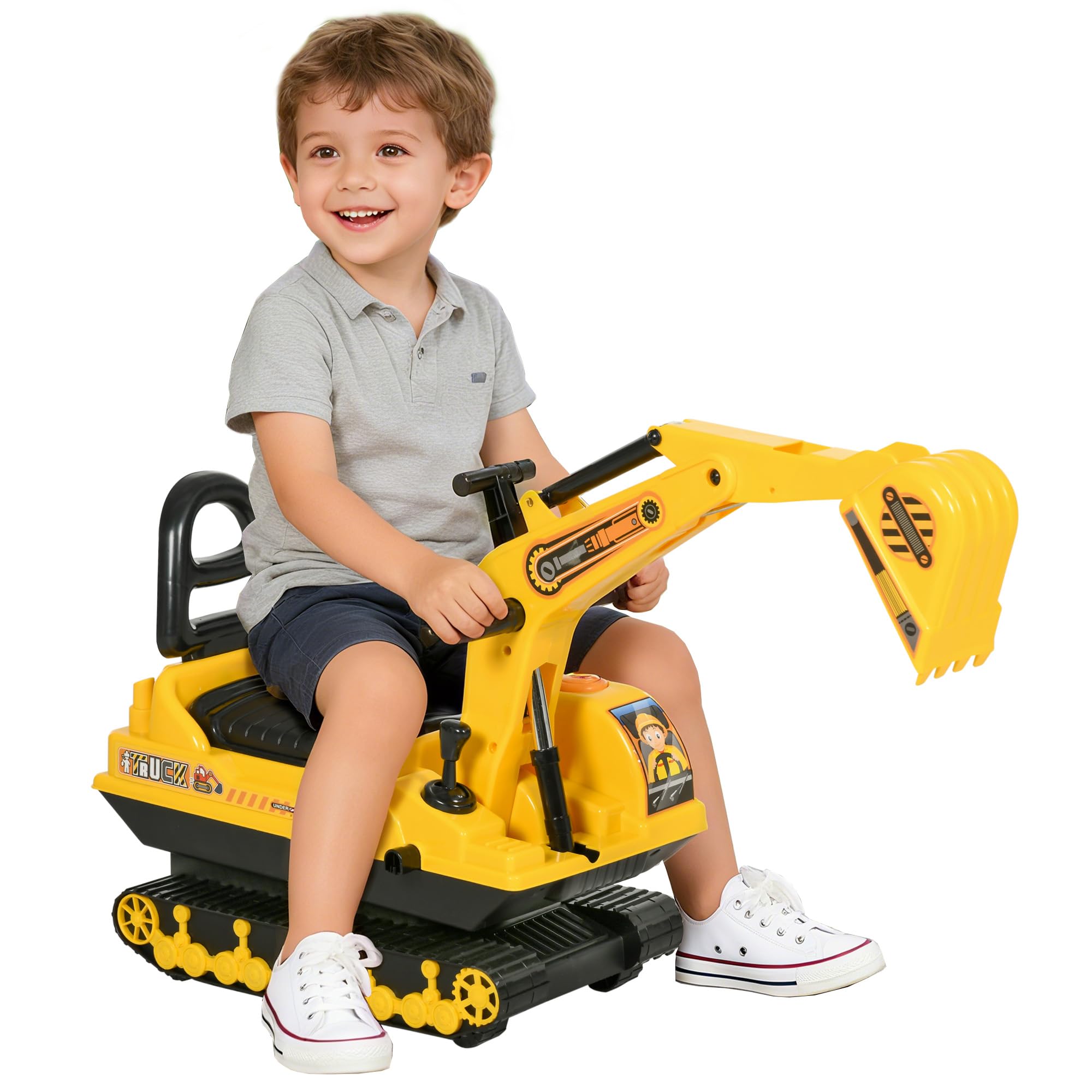 HOMCOM Ride On Tractor Digger Toy with Adjustable Arm | Ages 18-48 Months | Yellow