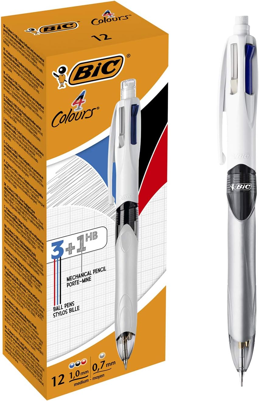 BIC 4 Colours Multifunctional Ballpoint Pen and HB Pencil Combo - Set of 12 - All in One Writing Instrument with Built in Eraser