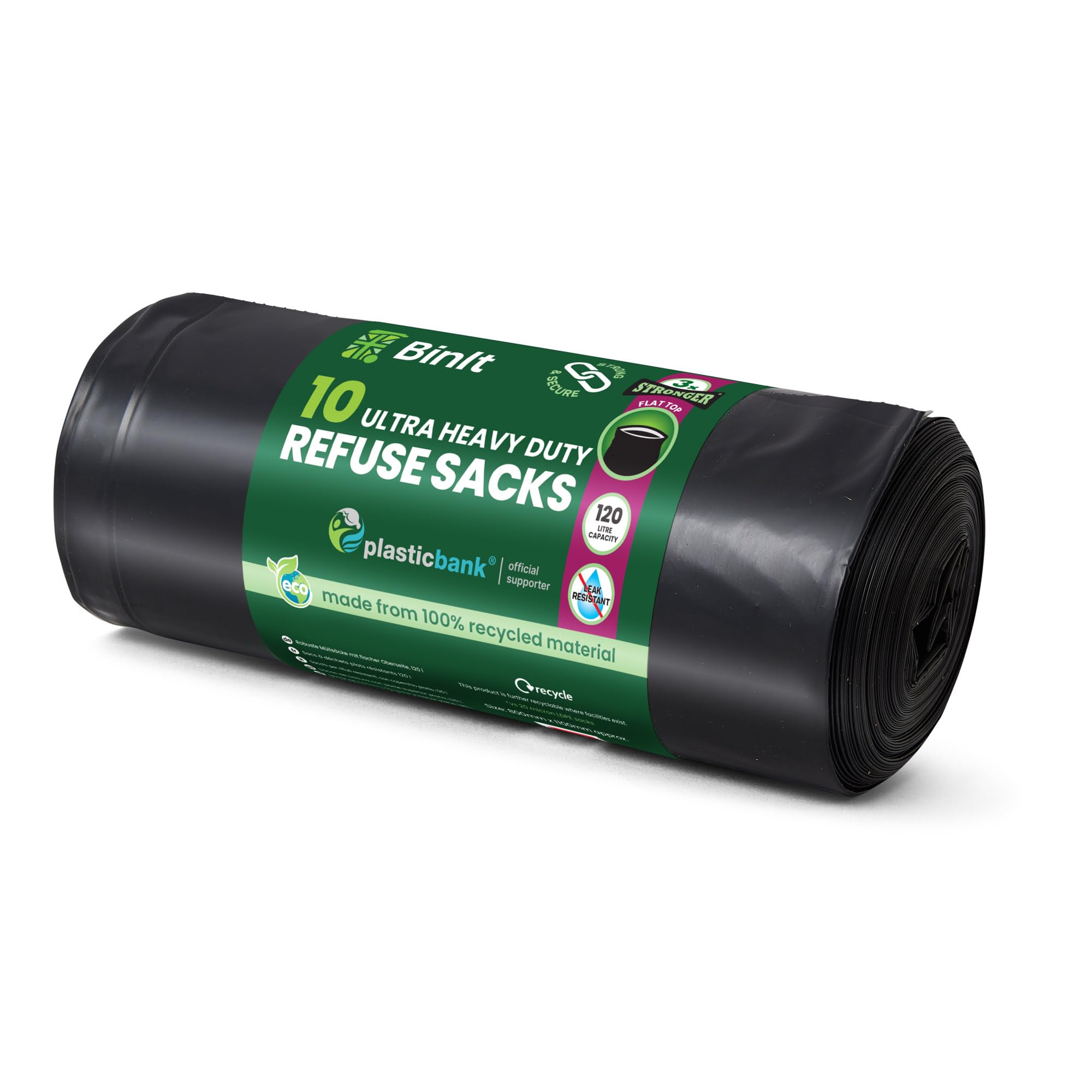 BIN IT Ultra Heavy Duty 120-Liter-Müllsäcke, 10er-Pack, 80 kg Hebekraft getestet, 60 μm Dicke, recycelte LDPE-Müllbeutel