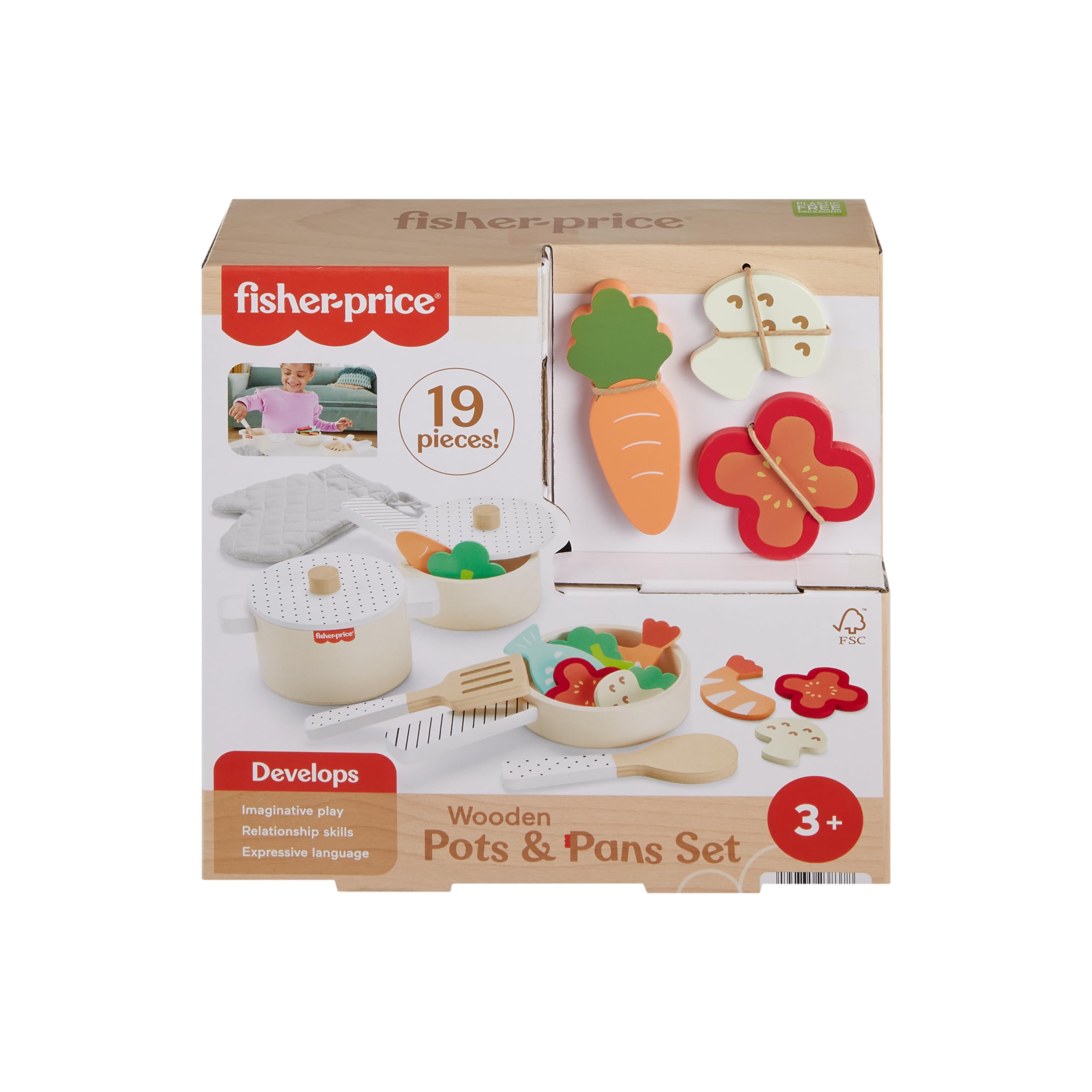 Fisher-Price Wood Pots & Pans Set - Pretend Cooking Toy | FSC-Certified Wood | Ages 3+ 1