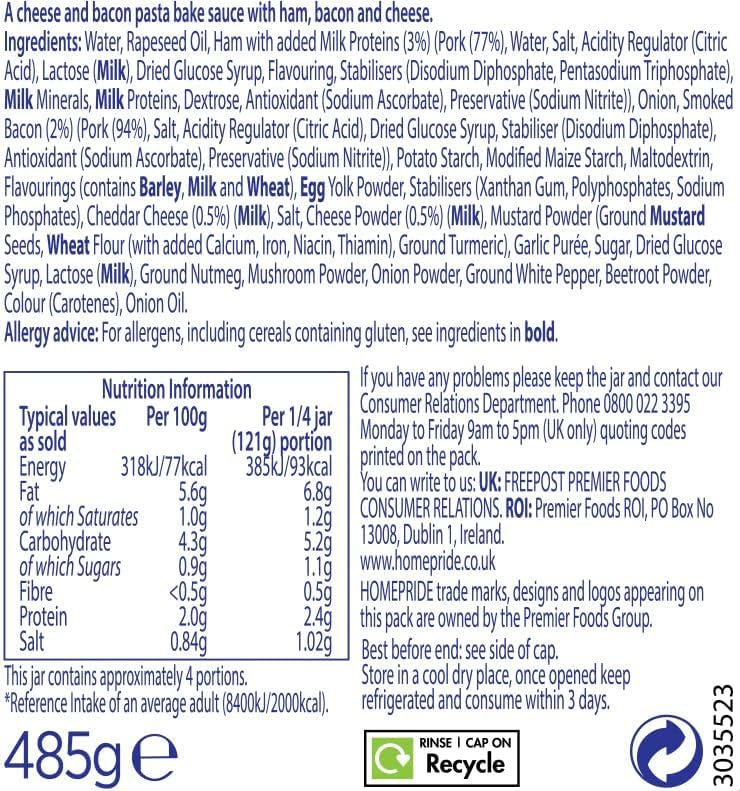 Homepride Cheese & Bacon Pasta Bake Sauce - Creamy Oven Bake Ready | 485g Jar 2