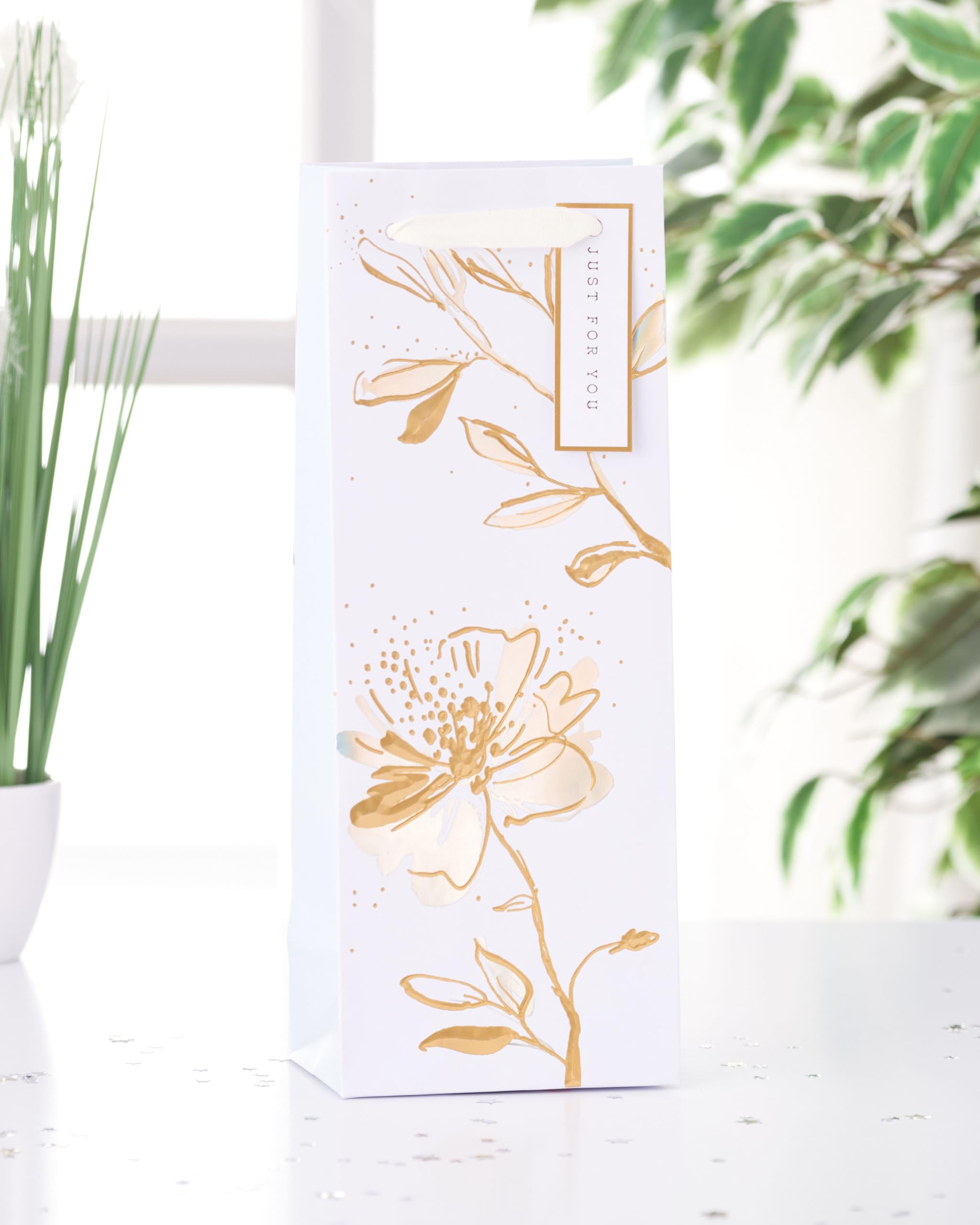 UK Greetings Camden Collection Floral Bottle Gift Bag | Gold & Silver Accents | FSC Certified