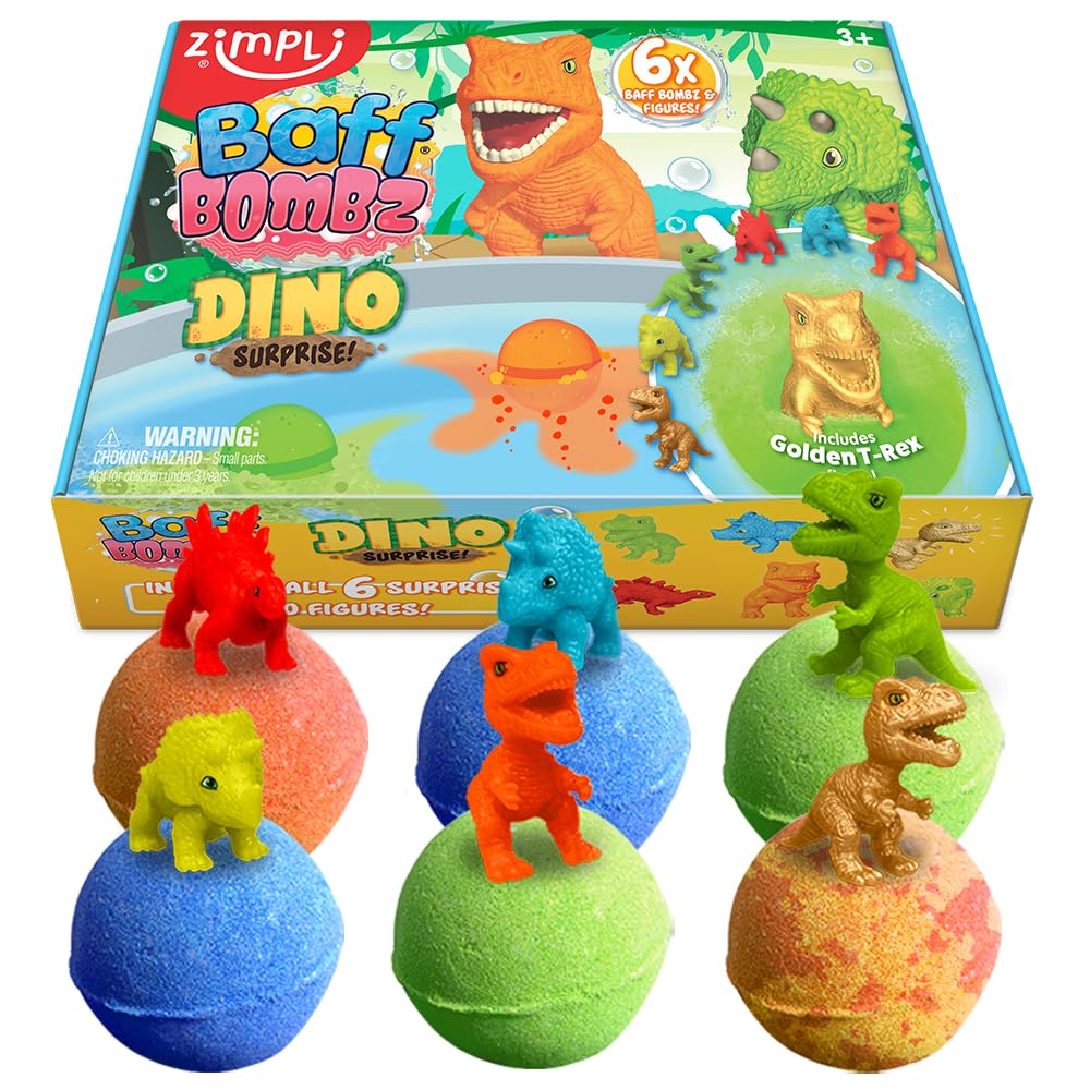ZIMPLI 6 Pack Large Dinosaur Surprise Bath Bombs with 6 Hidden Toys | Strawberry Scented | Ages 3+ 1