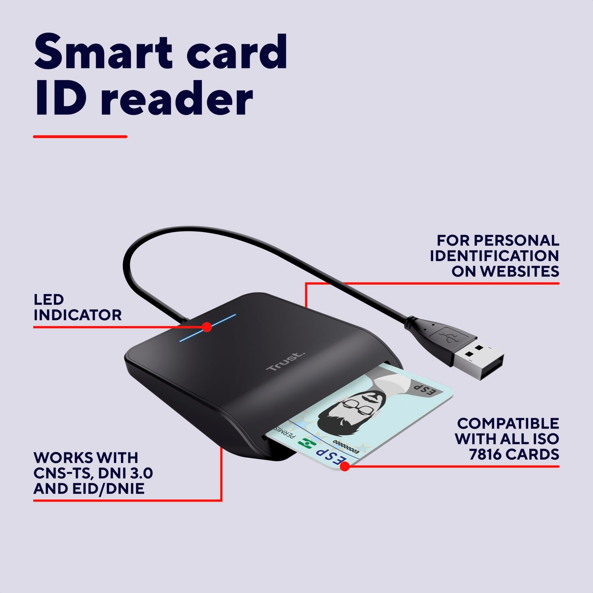 Trust Primo Smart ID Card Reader, DNI, FIPS 201, FIPS TAA and ISO 7816 Class A, B, C Compliant, 100cm Cable, Spanish/Portuguese/Italian, Secure Login, USB Card Reader Compatible with Windows/Mac 6