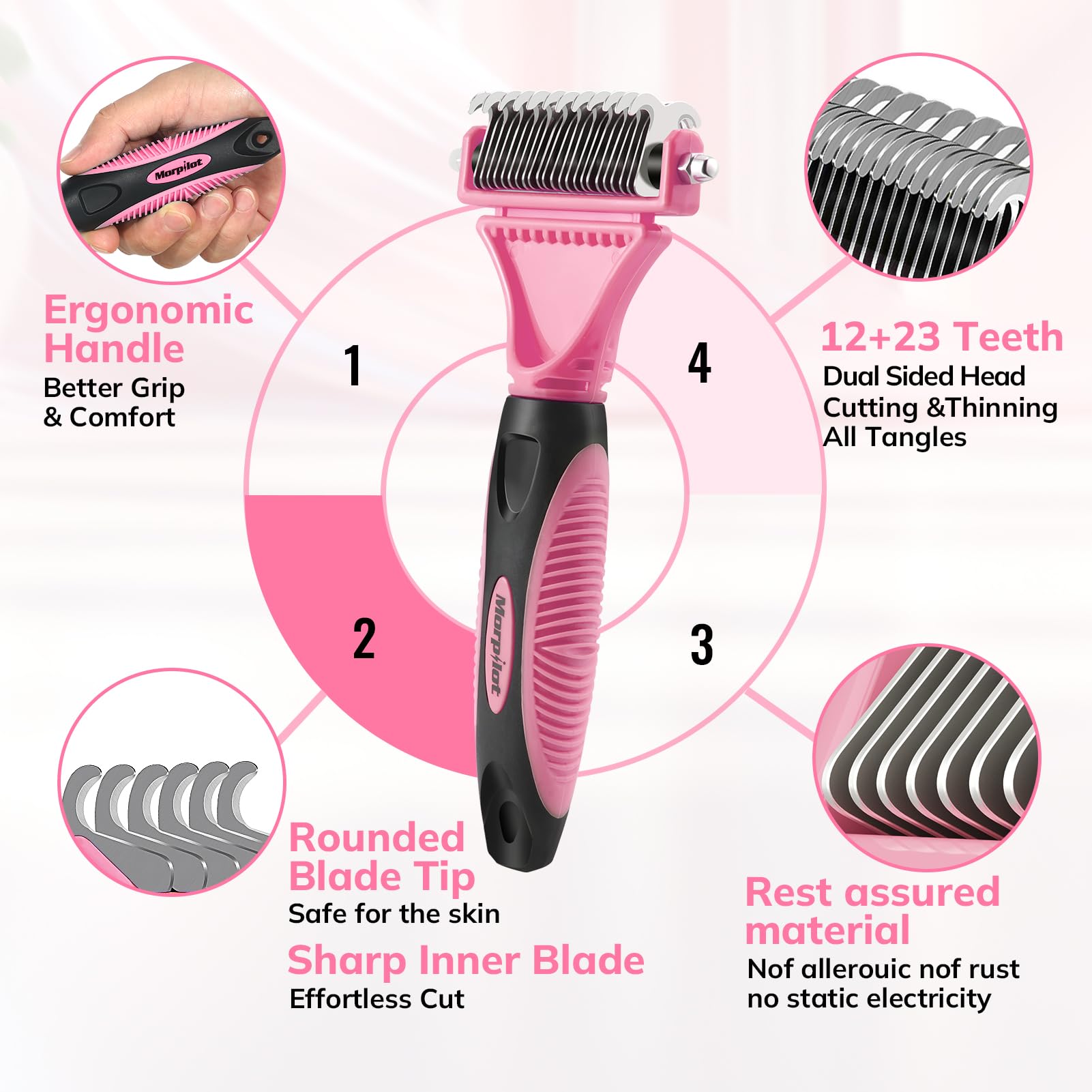 morpilot Double Sided Undercoat Rake Dematting Tool | 23+12 Teeth | Reduces Hair Loss up to 90% | Pink