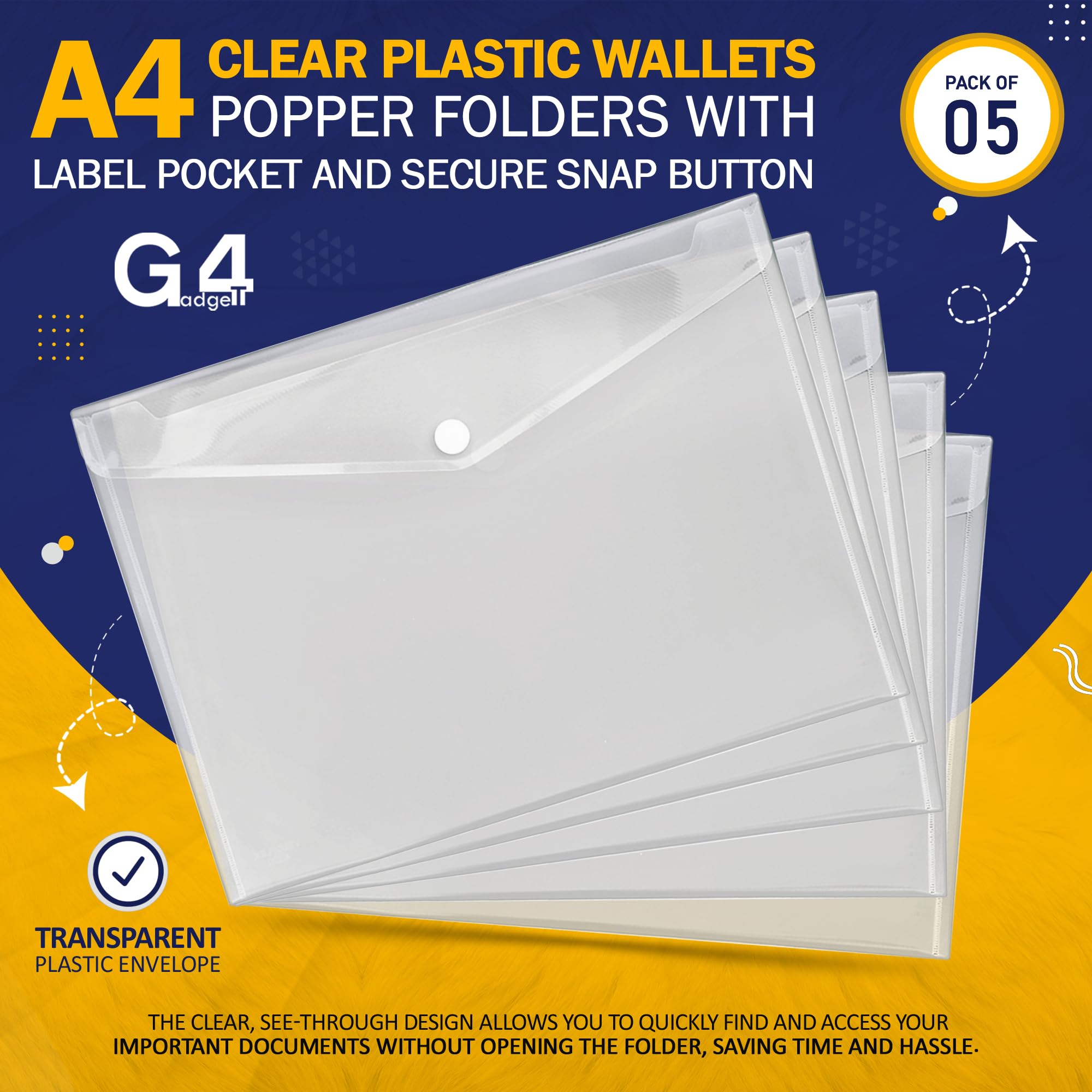 G4GADGET A4 Clear Plastic Wallets - Pack of 5, Popper Closure, 50 Sheet Capacity