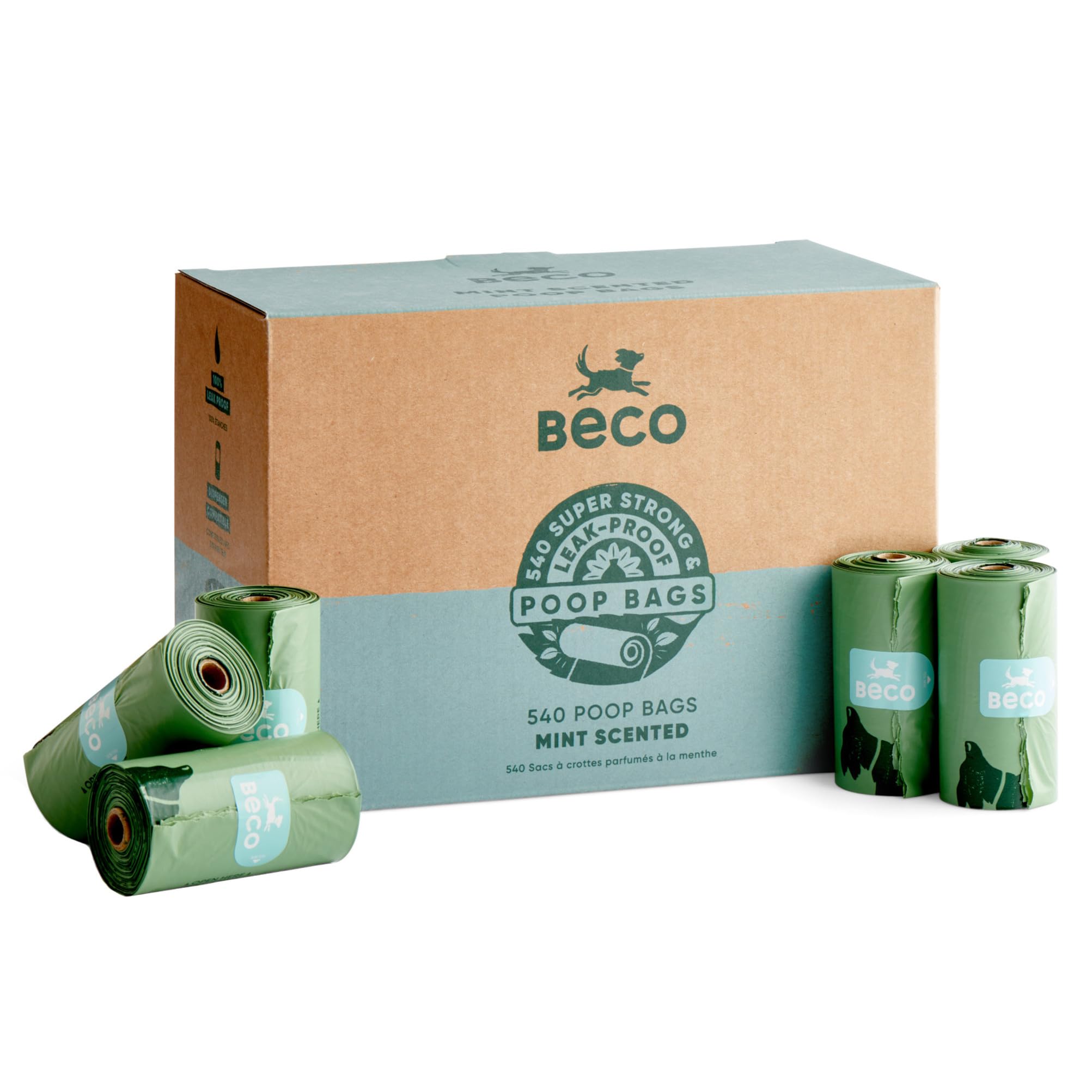 Beco Dog Poo Bags - 540 Count Mint Scented, Strong, Leakproof & Recycled Plastic