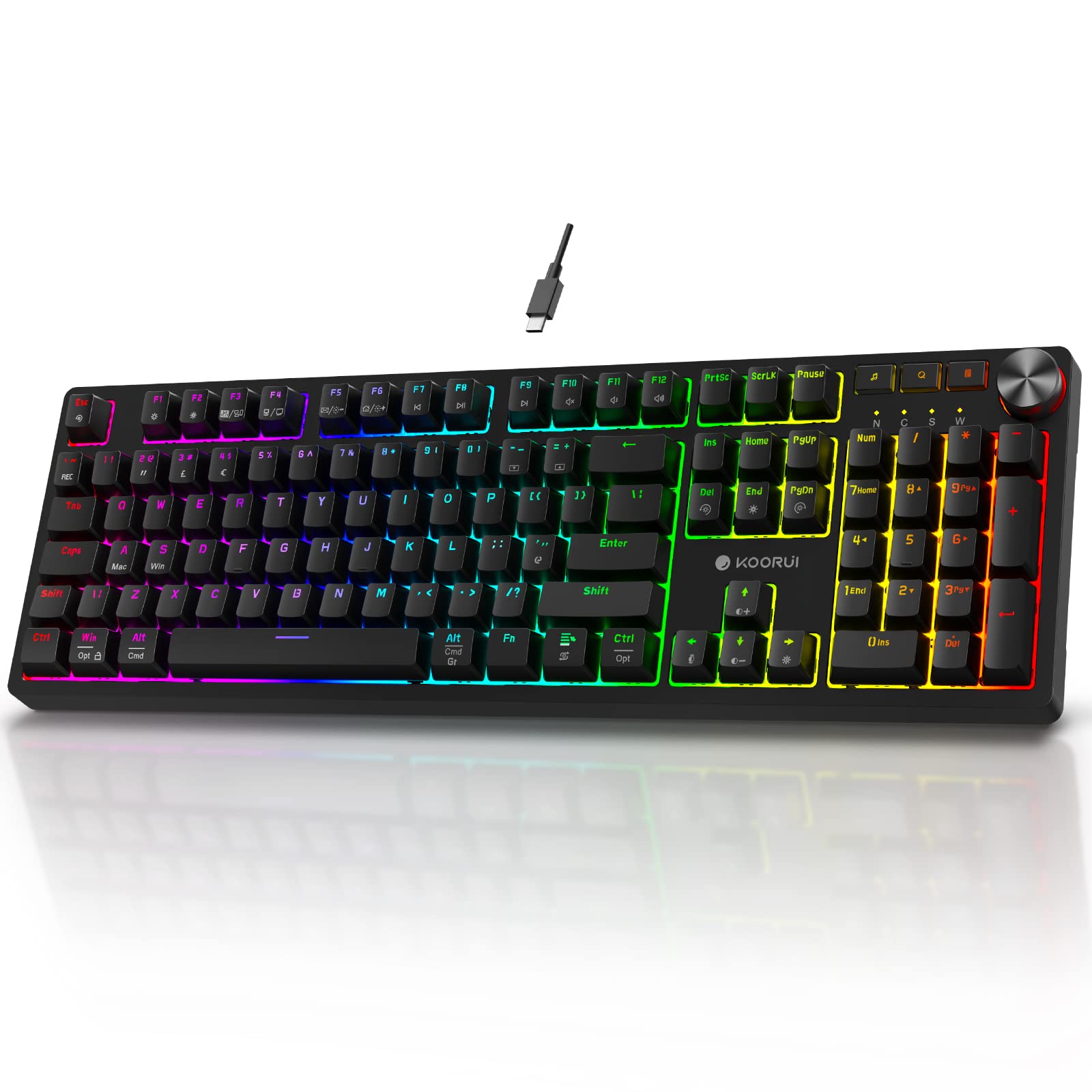 KOORUI MK104-RED Mechanische Gaming-Tastatur – 104 Tasten, 26 RGB-Hintergrundbeleuchtungseffekte, steckbare Schalter, Anti-Ghosting, kabelgebunden für PC und Mac