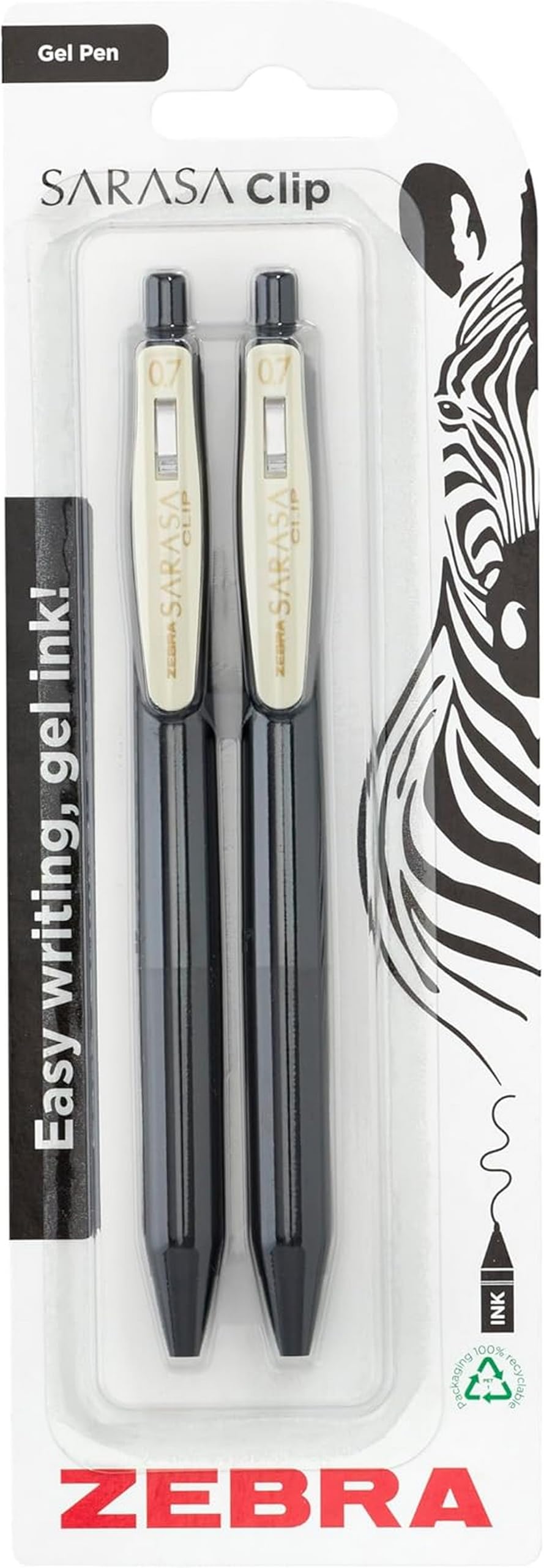 Zebra Pen SARASA CLIP Gel Pen - 0.7mm Medium Point, Vintage Black Ink, Retractable, 2 Pack