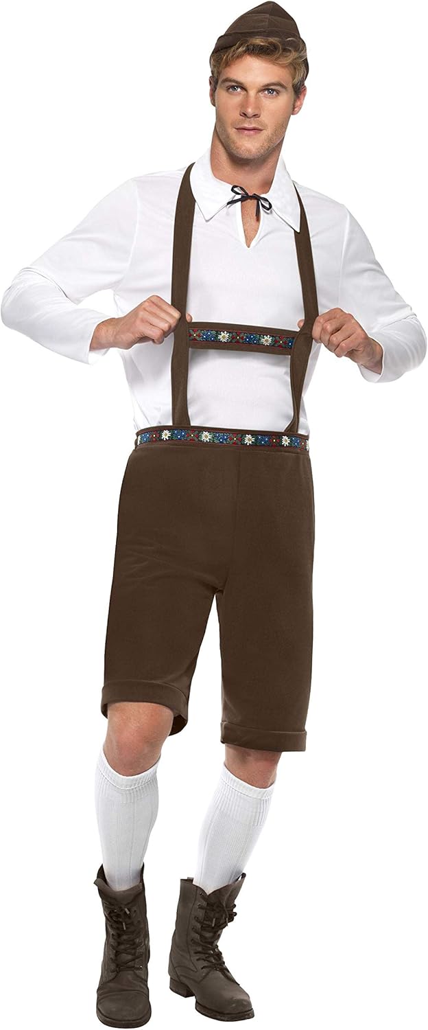 Smiffys Bavarian Man Costume with Lederhosen Shorts, Braces, Top and Hat - Adult Fancy Dress (Model SM30286L, Size L) 1