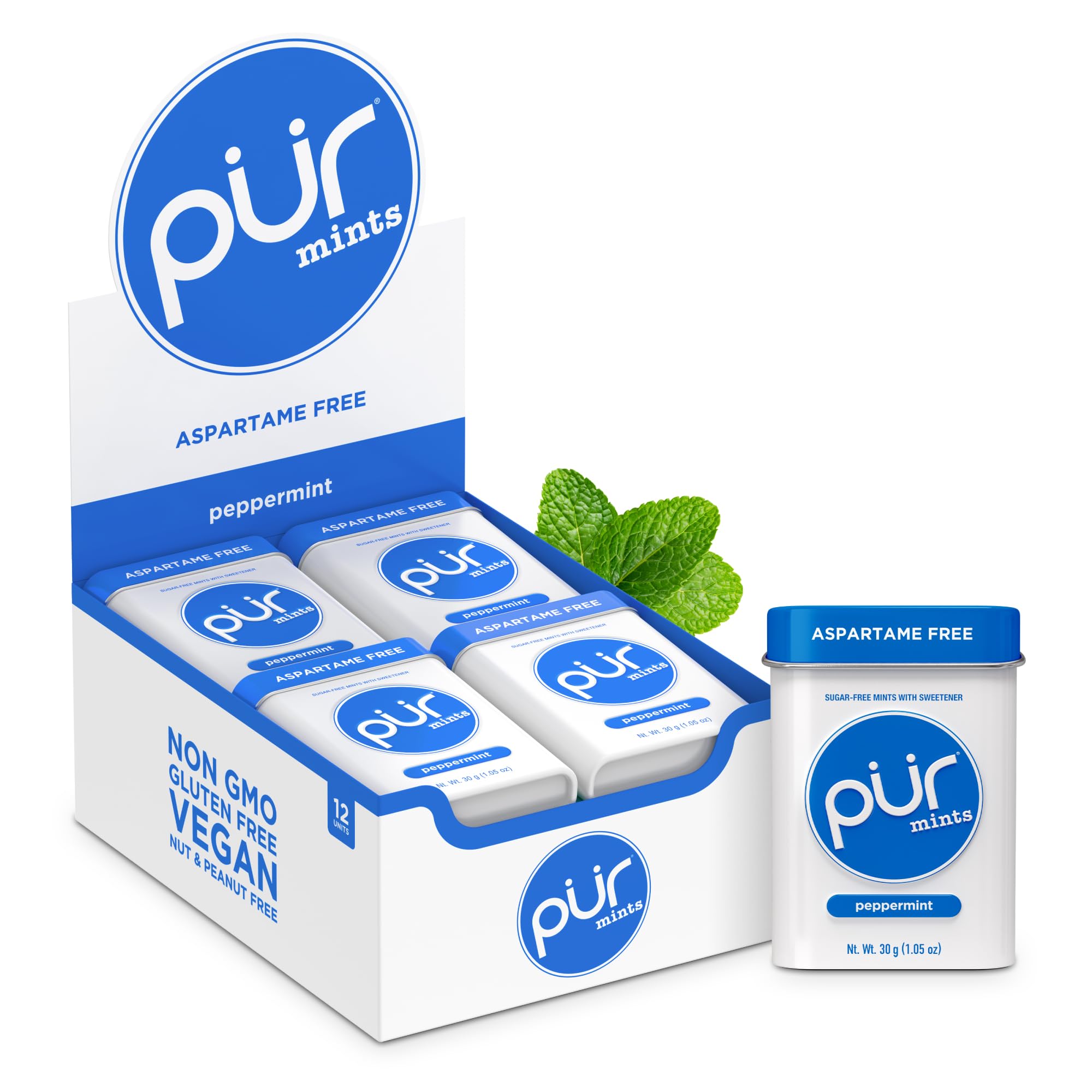 PUR Gum Aspartame Free Mints - Peppermint Flavor, Sugar Free, Vegan, Xylitol Sweetened | 12 Pack of 30 Count 1