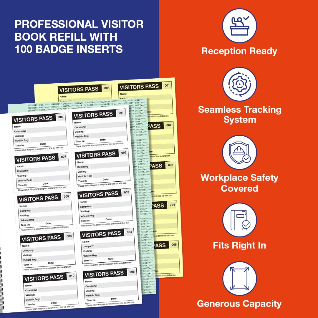 VSafety Visitor Book Refill - 100 Badge Inserts | 90 x 60mm | Yellow, White, Green