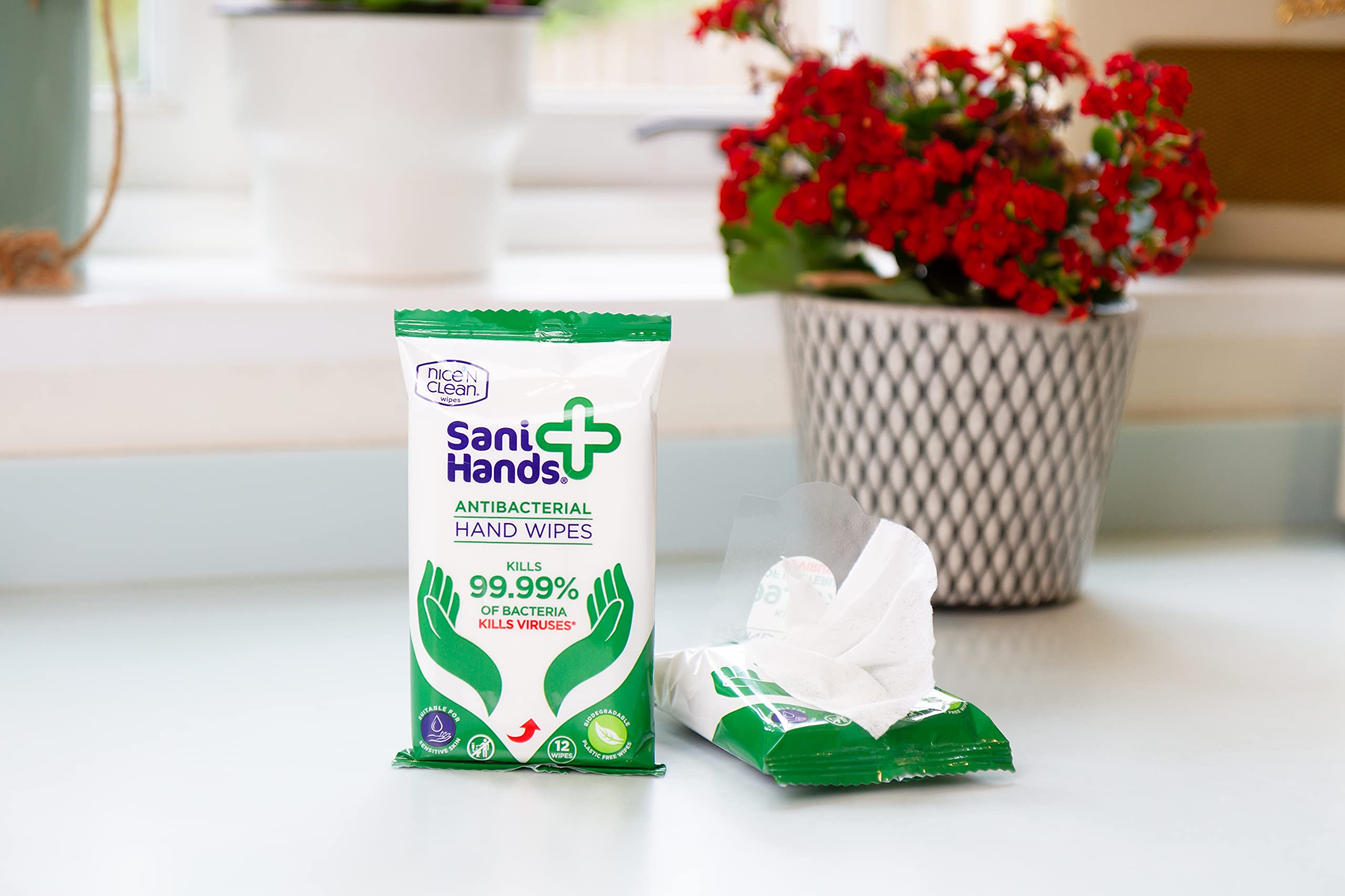 Sani Hands Anti-bacterial Hand Wipes - 120 Count (10 Pack) | Biodegradable | Vitamin E & Aloe Vera 4