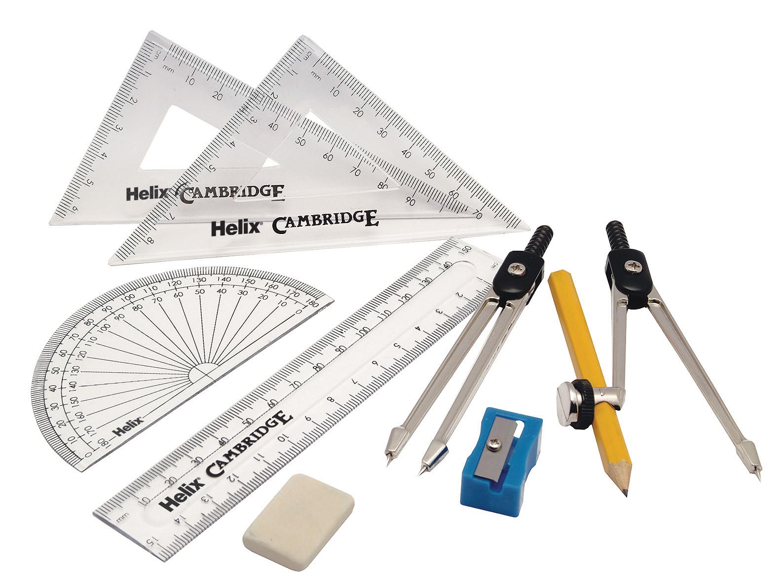 Helix Cambridge Maths Set - 9 Piece Geometry Equipment with Durable Metal Storage Tin