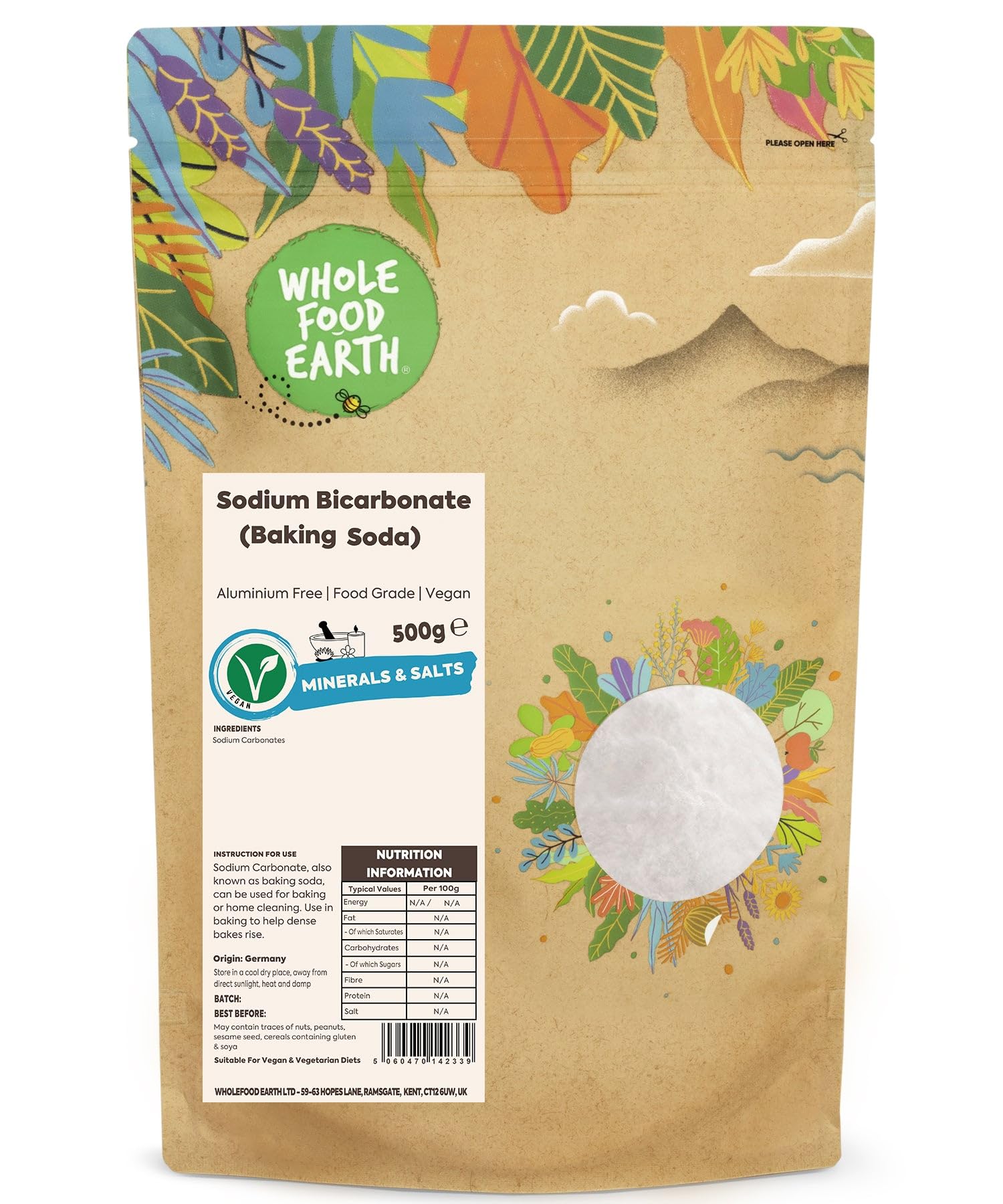 Wholefood Earth Sodium Bicarbonate Baking Soda - Versatile Leavening Agent & Cleaner | 500g Powder 1