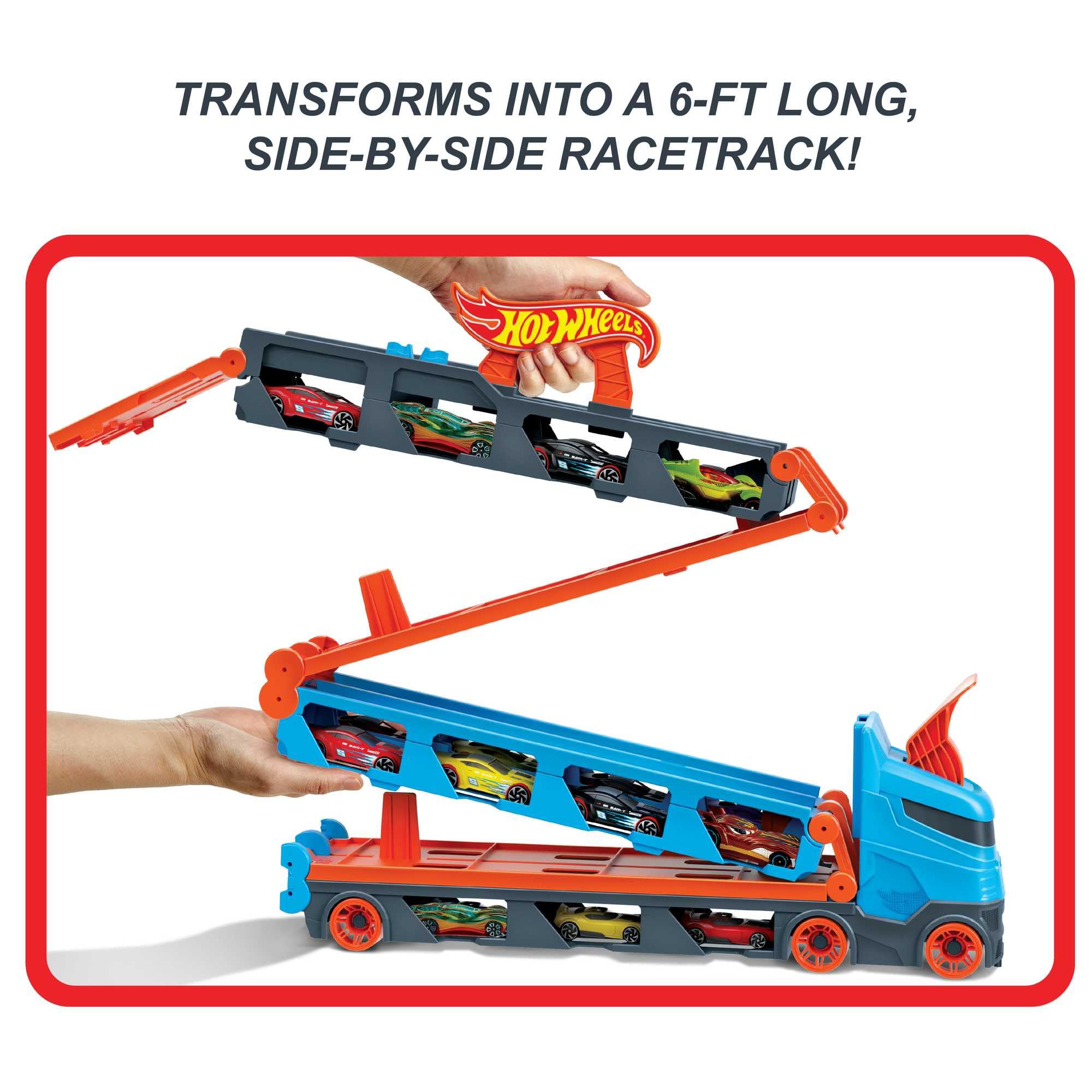 Hot Wheels Speedway Hauler - 3-in-1 Storage Carrier with 6-Foot Drag Race Track & 3 Cars for Kids 4-8 Years 4