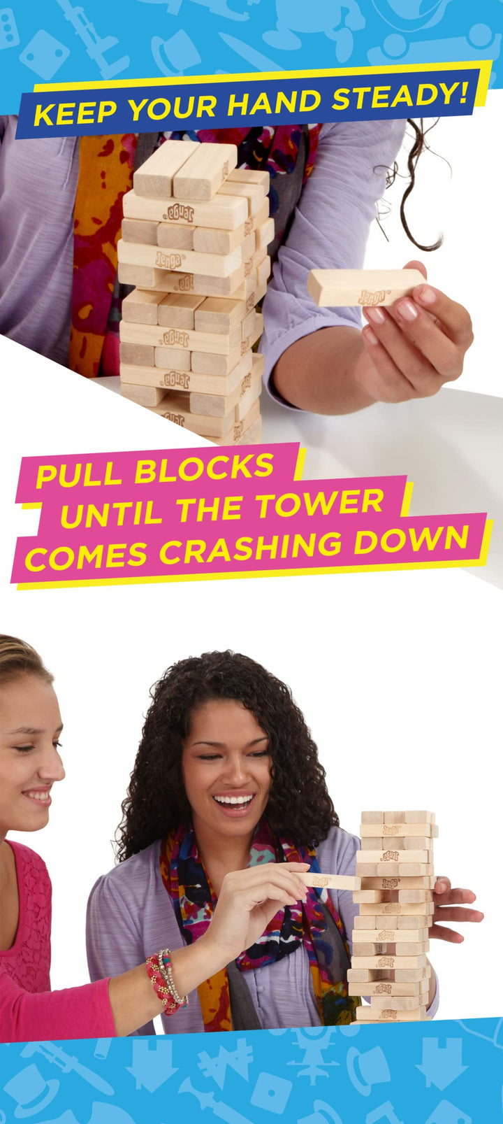 Hasbro Gaming Jenga Classic Stacking Game, Outdoor Family Fun for Kids Ages 6+, 54 Wooden Blocks with Stacking Sleeve