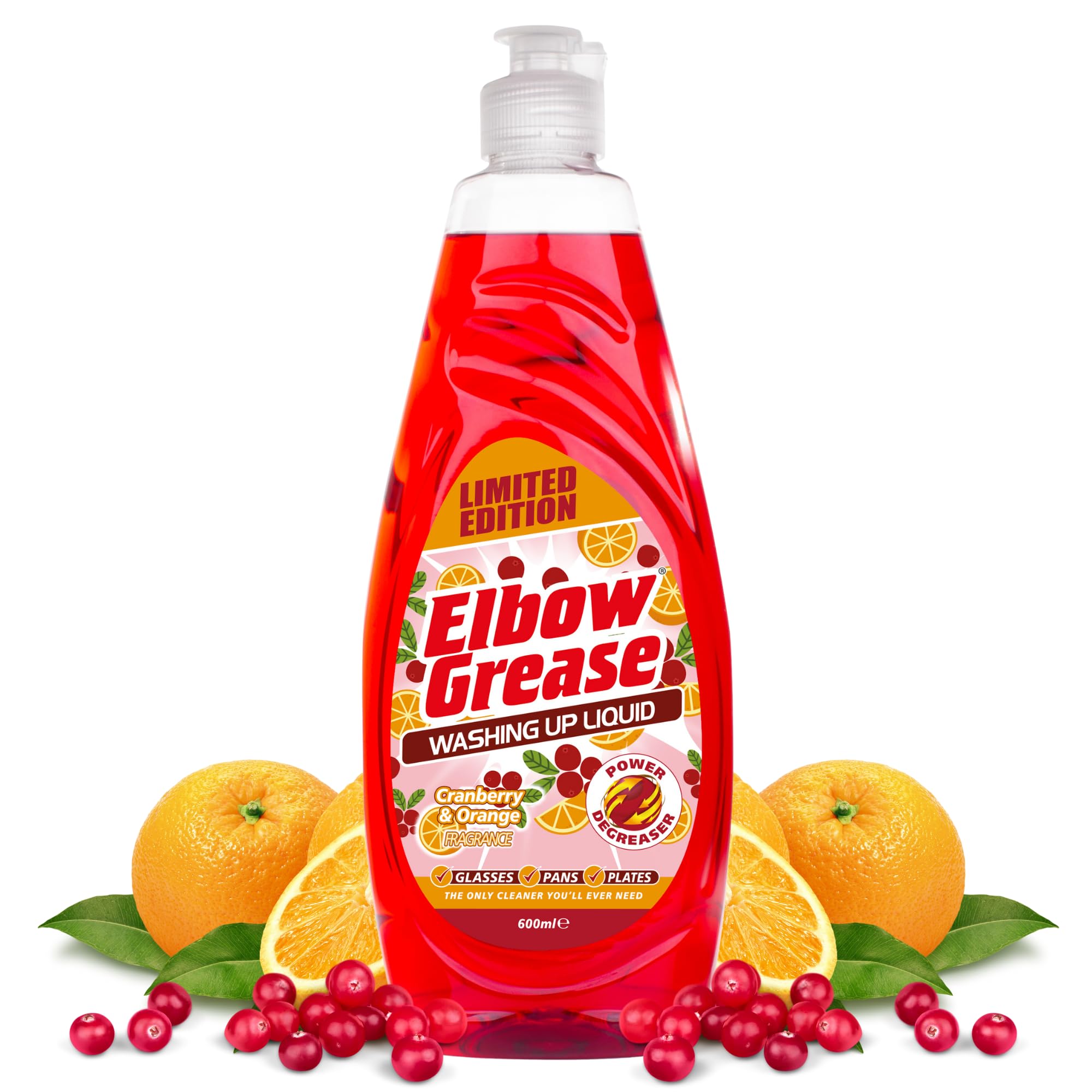 Elbow Grease Washing-Up Liquid - Powerful Degreaser, Streak-Free Shine, Cranberry & Orange Scent, 600ml
