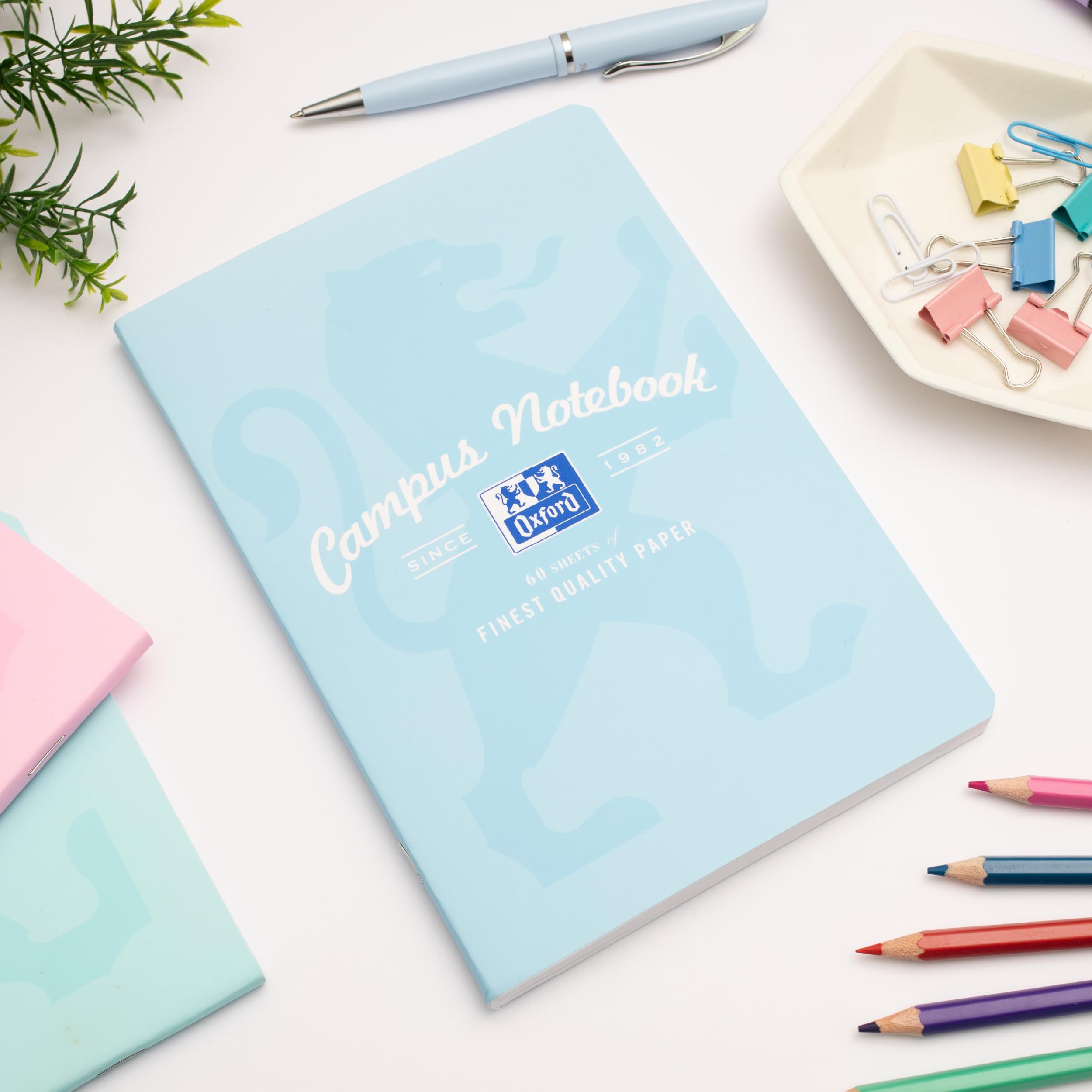 Oxford Campus A5 Notebook - 120 Pages, 8mm Lined with Margin | 5 Pastel Colours Pack 6