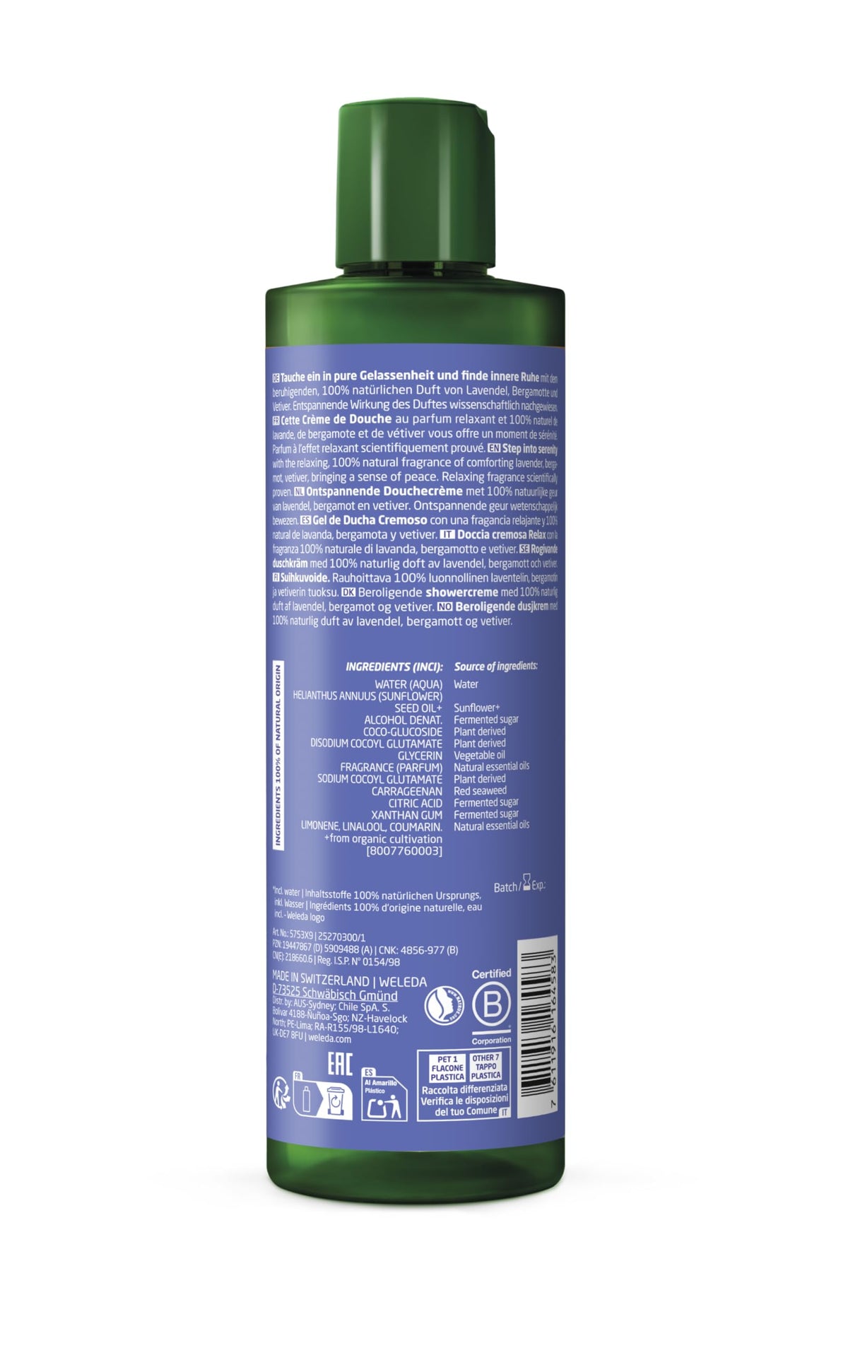 WELEDA Relax Shower Gel Lavender Vetiver Bergamot Body Wash - 400 ml, Vegan, Dermatologist Tested