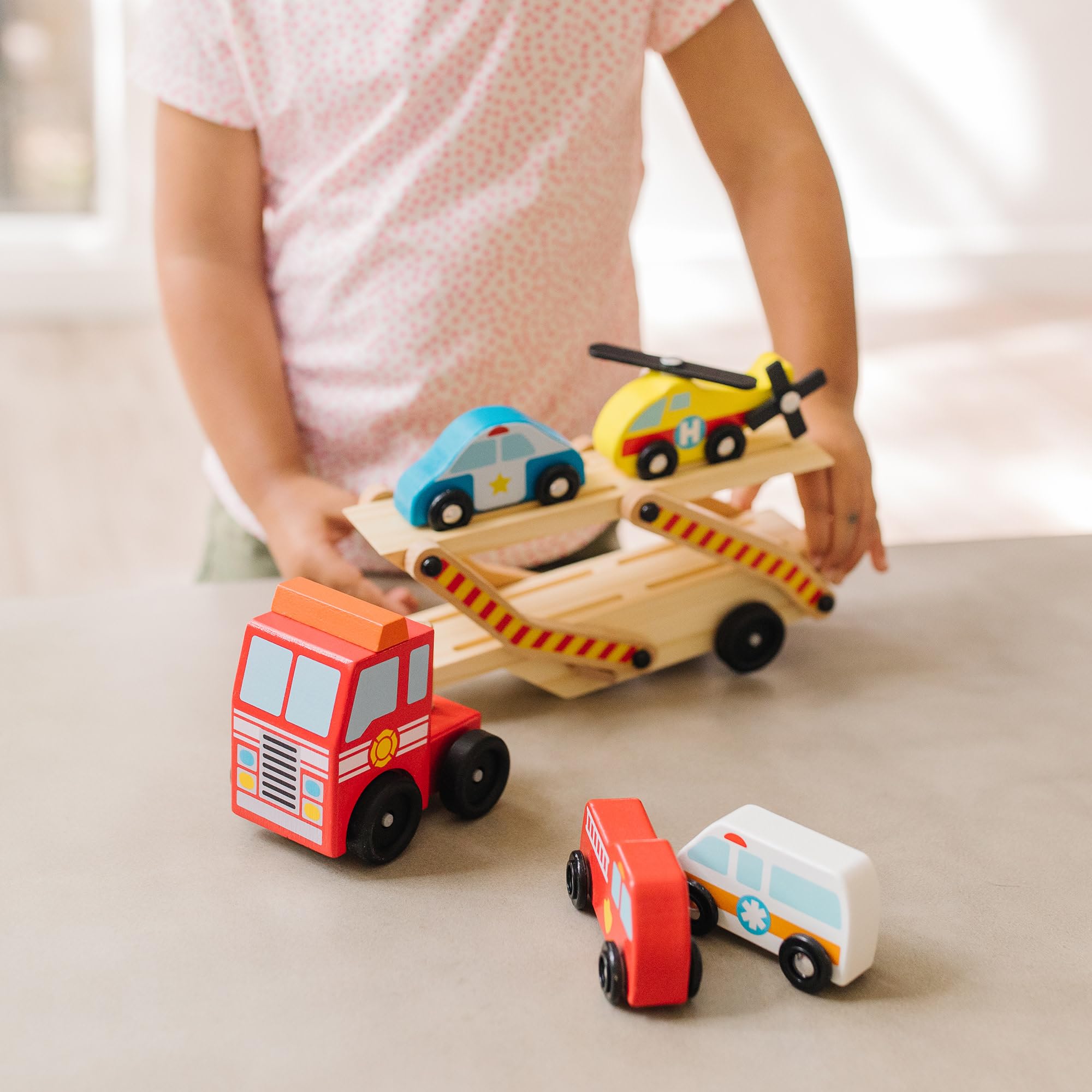 Melissa & Doug Wooden Emergency Vehicle Carrier Toy with 4 Magnetic Vehicles | Ages 3+ 5