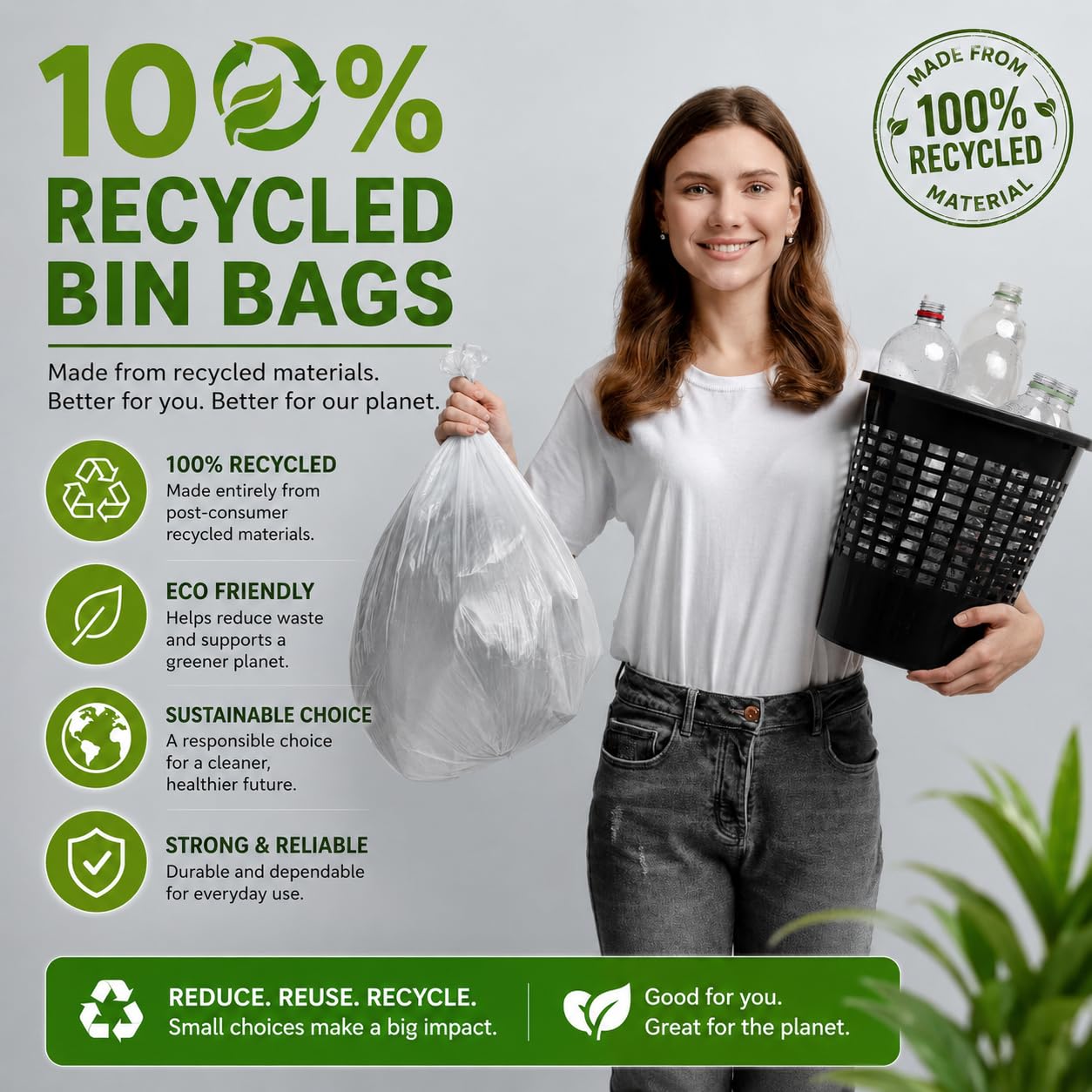 EcoBag Heavy Duty Bin Liners - 30L Capacity | 50 Pack | Recyclable Plastic 7