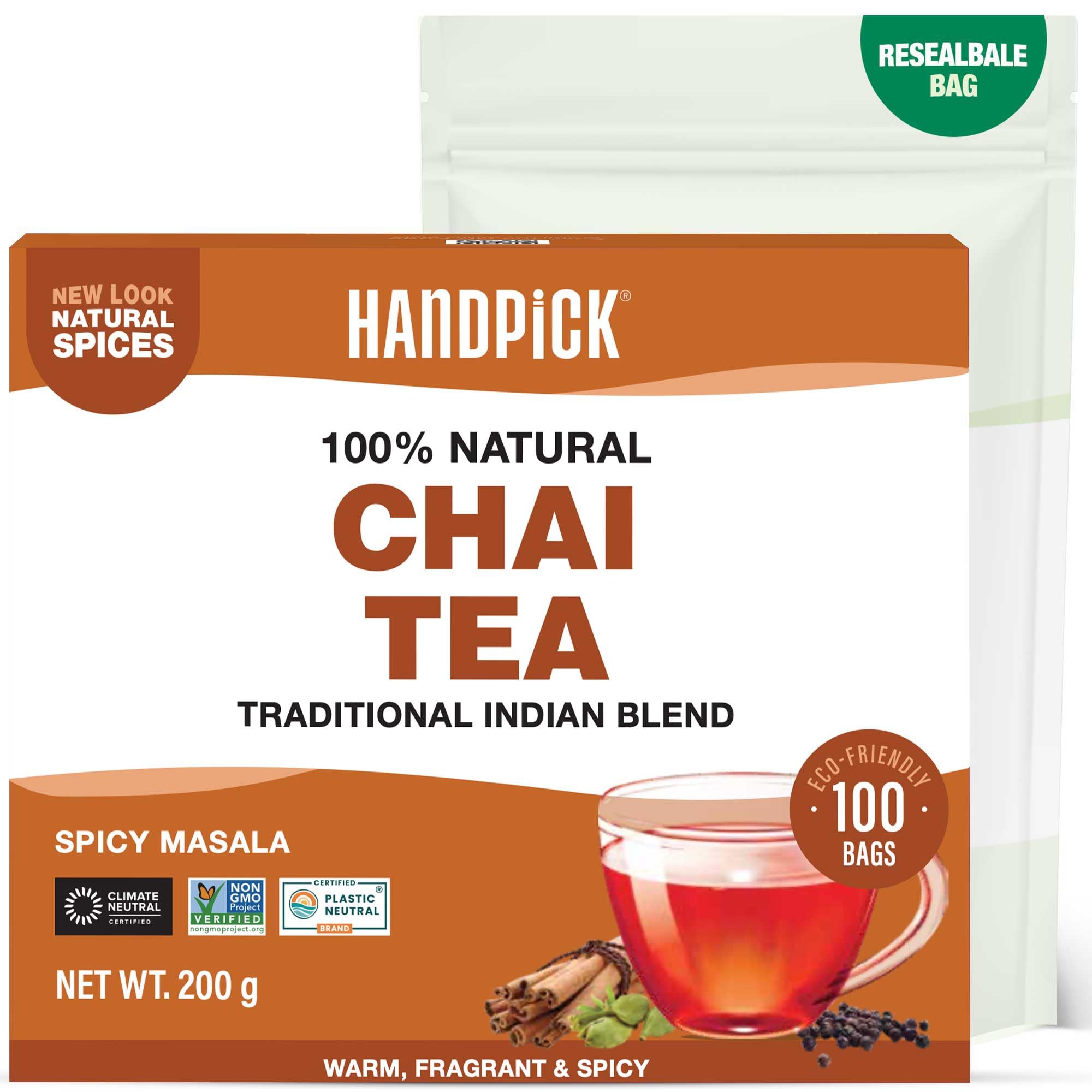 HANDPICK Masala Chai Teebeutel aus Indien (100 Stück) – Zimt, schwarzer Pfeffer, Nelken und Kardamom – umweltbewusste runde Teebeutel