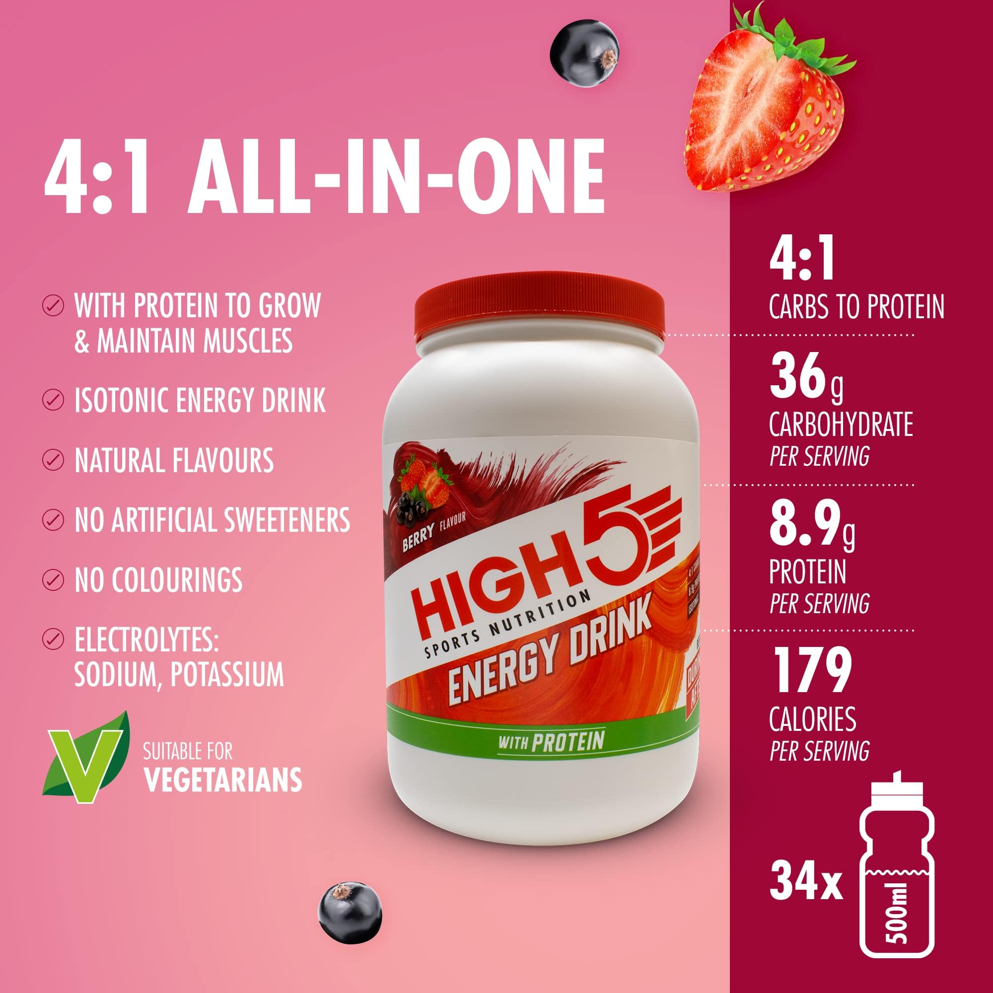 HIGH5 – Energydrink mit Proteinmischung aus Kohlenhydraten, Proteinen und Elektrolyten. Sportgetränkepulver (Beere, 1,6 kg)