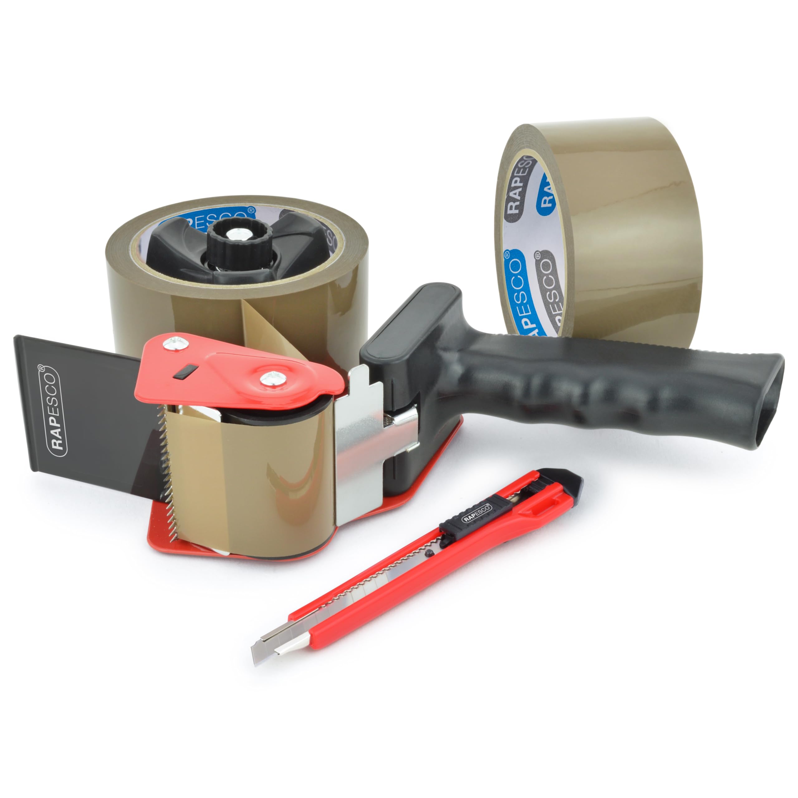 RAPESCO 1556 Packaging Tape Dispenser - Heavy-Duty Steel, Antibacterial Handle, Includes 2 Brown Tapes