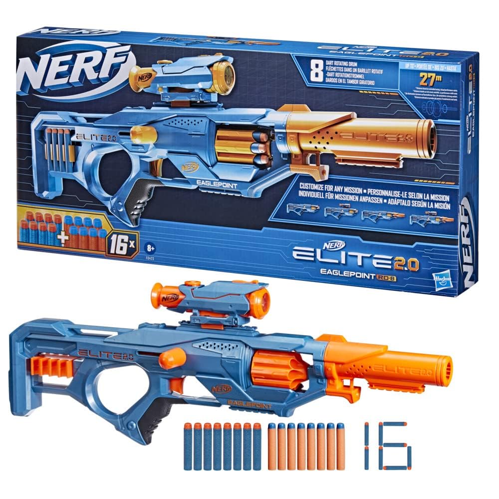 Nerf Elite 2.0 Eaglepoint RD-8 Blaster - 8-Dart Drum, Detachable Scope, 16 Darts, Bolt Action