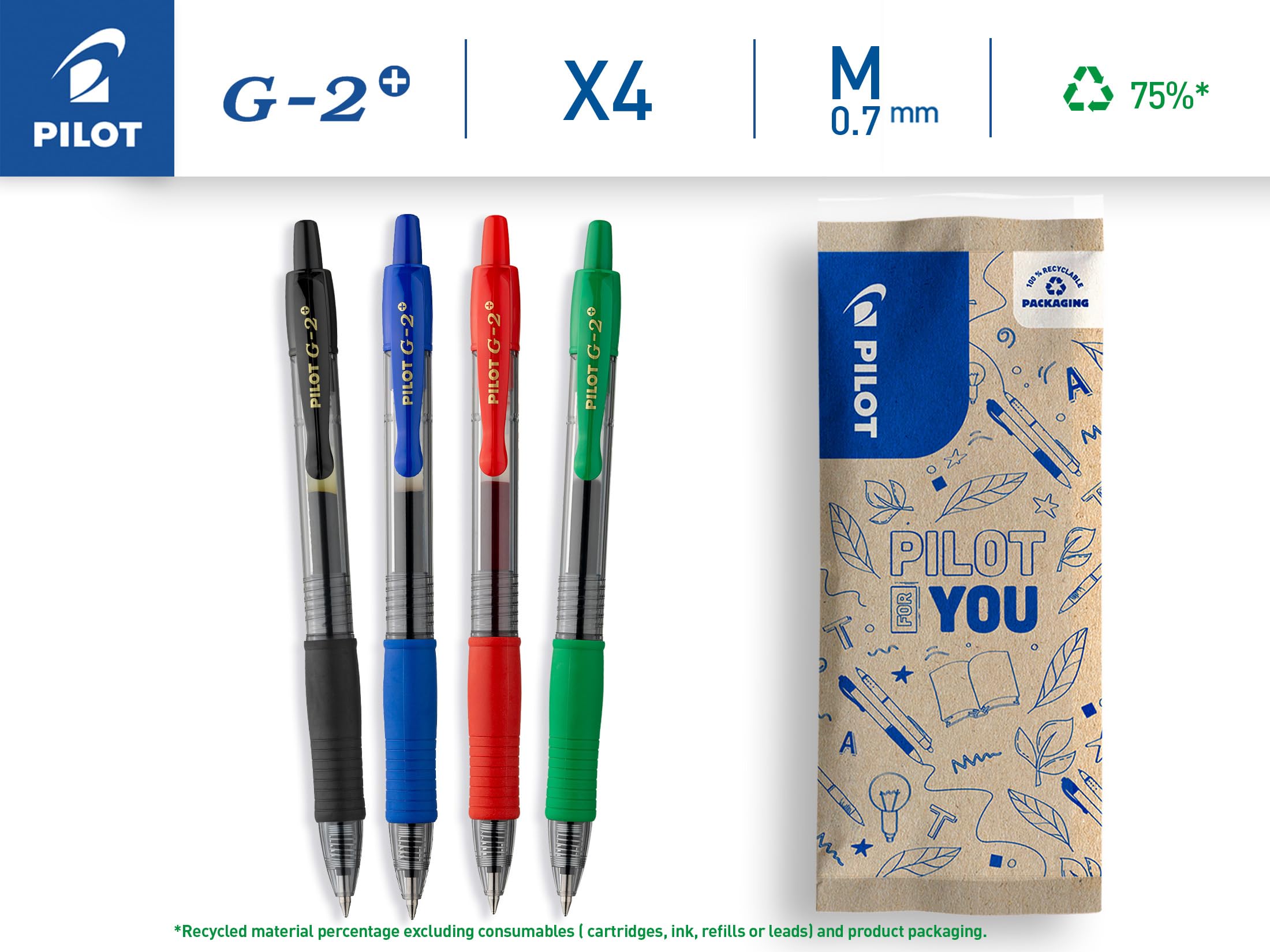 PILOT G2-07 Gel Ink Rollerball Pen - Medium 0.7mm Tip | Pack of 4 Assorted Colors | Refillable