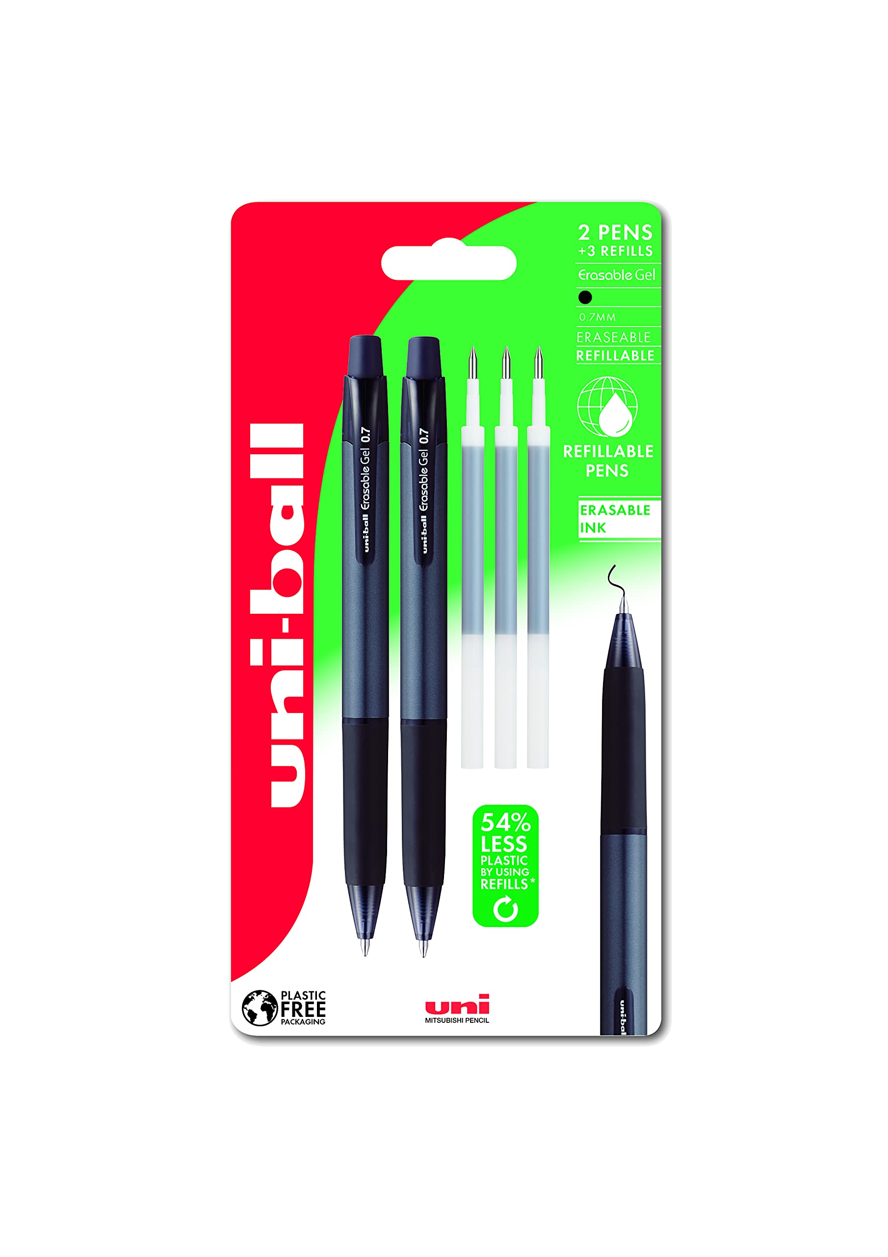 uni-ball URN-181-07 Erasable Gel Rollerball Pen - 0.7mm Medium Point | Black Ink | Pack of 5