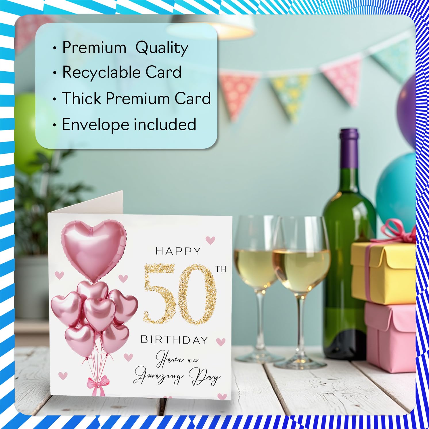 Stuff4 50th Birthday Card for Women - Pink Glitter Balloons | 145mm x 145mm | Blank Inside 3