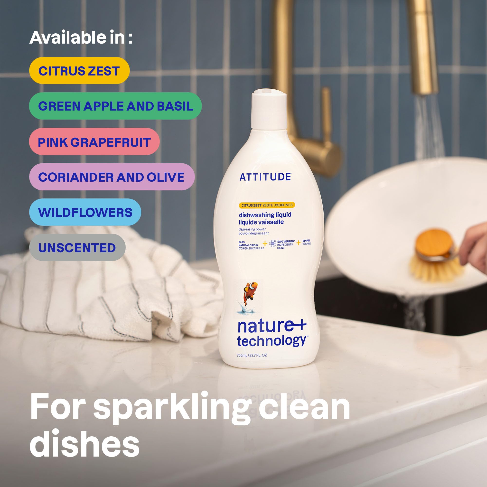 ATTITUDE Washing-Up Liquid - EWG Verified, Plant-Based, Wildflowers Scent | 700 ml