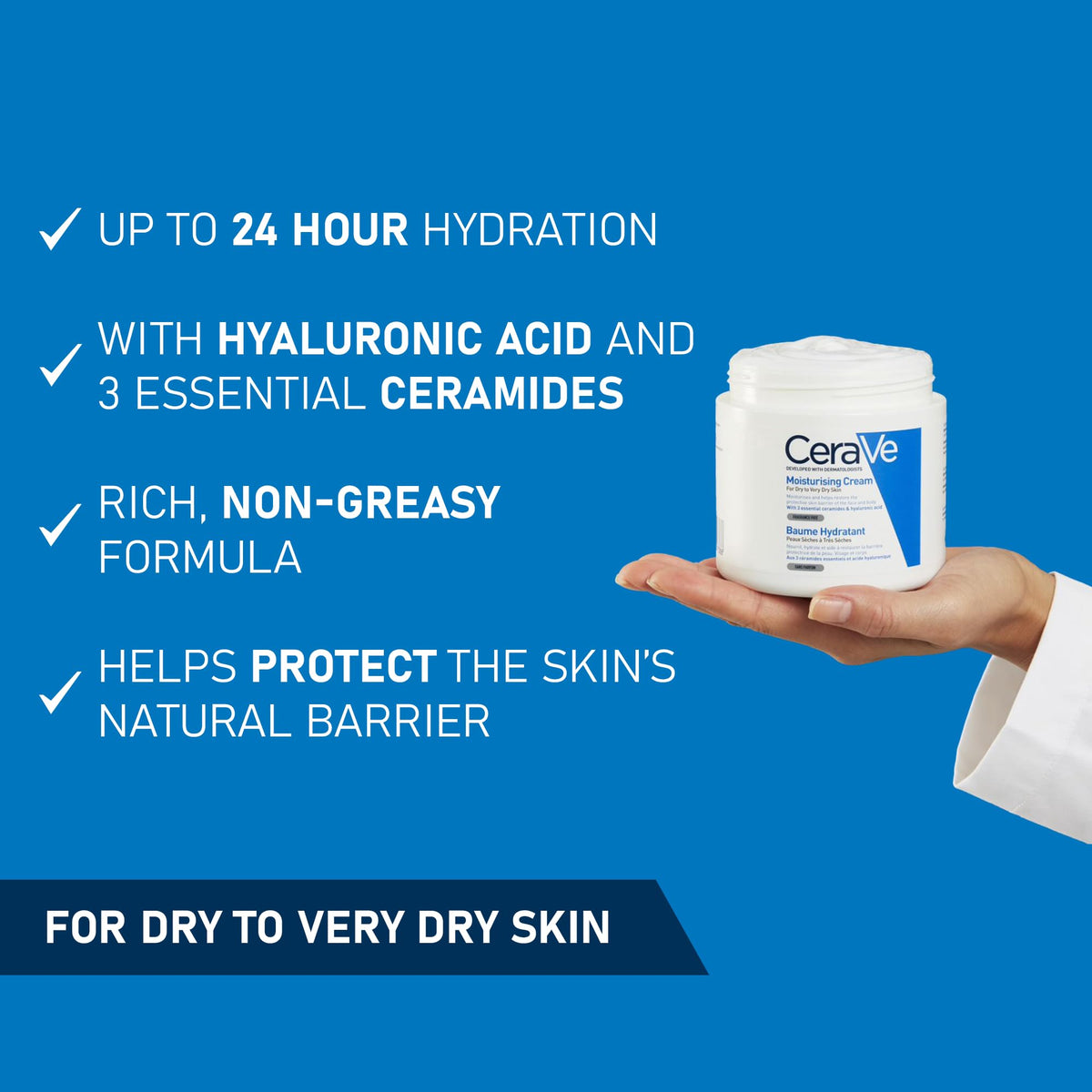 CeraVe Moisturising Cream - 24-Hour Hydration for Dry to Very Dry Skin | Hyaluronic Acid & 3 Essential Ceramides | 454g