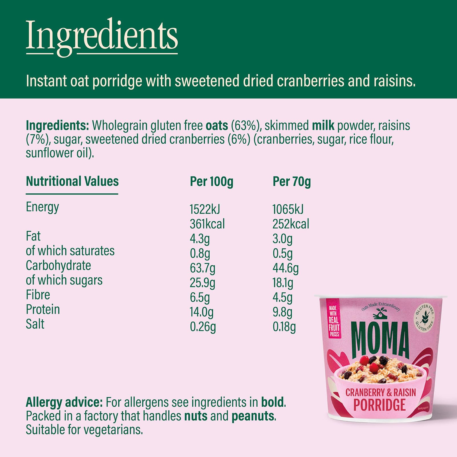 MOMA Instant Porridge Pots Cranberry & Raisin - 70g - Gluten Free, High Fibre, Source of Protein, Rich in Vitamin B6 5