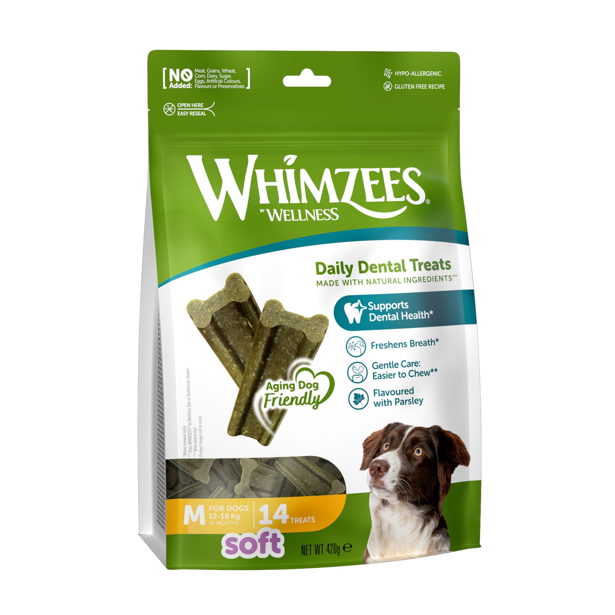 WHIMZEES Softer Dog Dental Stix - Size M, 14 Pieces | Gentle Chew for Seniors | Parsley Flavored 1