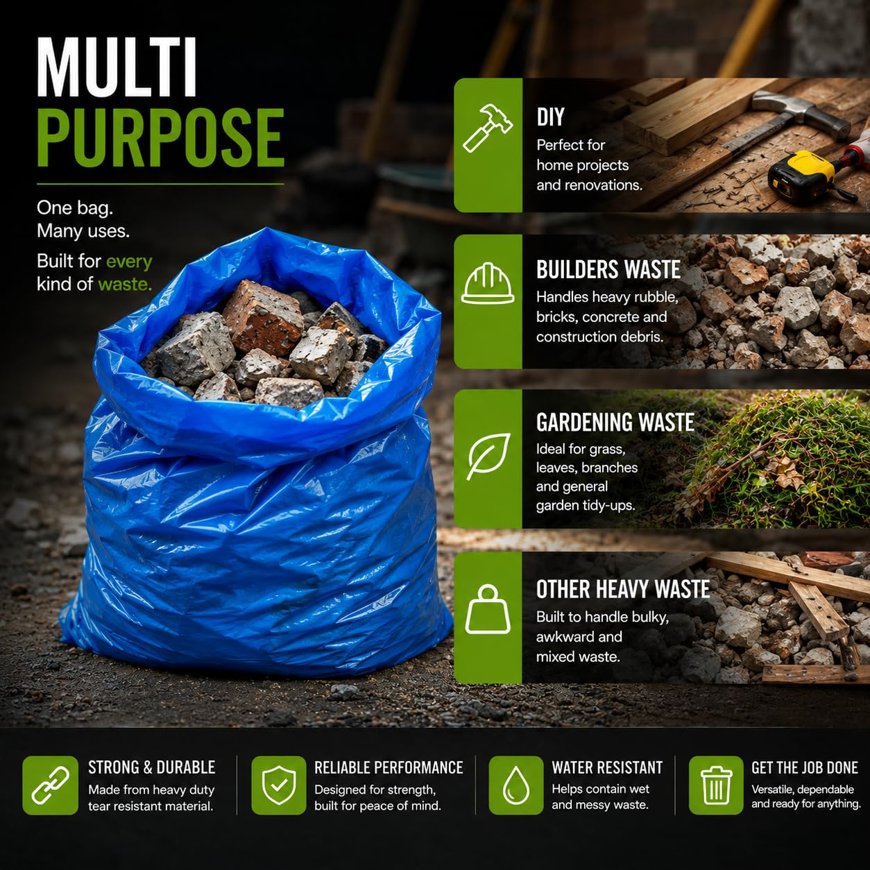 EcoBag Rubble Sacks - Heavy Duty Bin Liners | 40 Litre Capacity | 20 Count