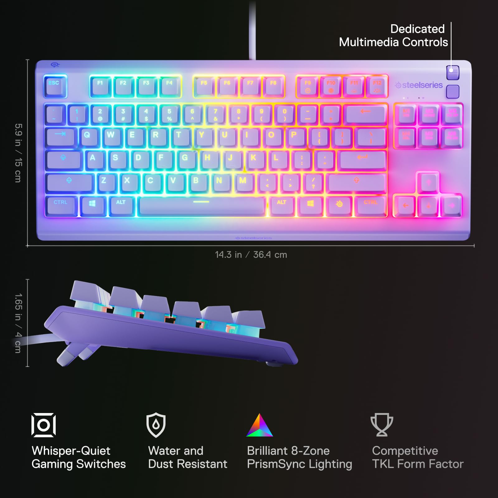 SteelSeries Apex 3 TKL Gaming Keyboard - Lavender - Tenkeyless Compact RGB 12