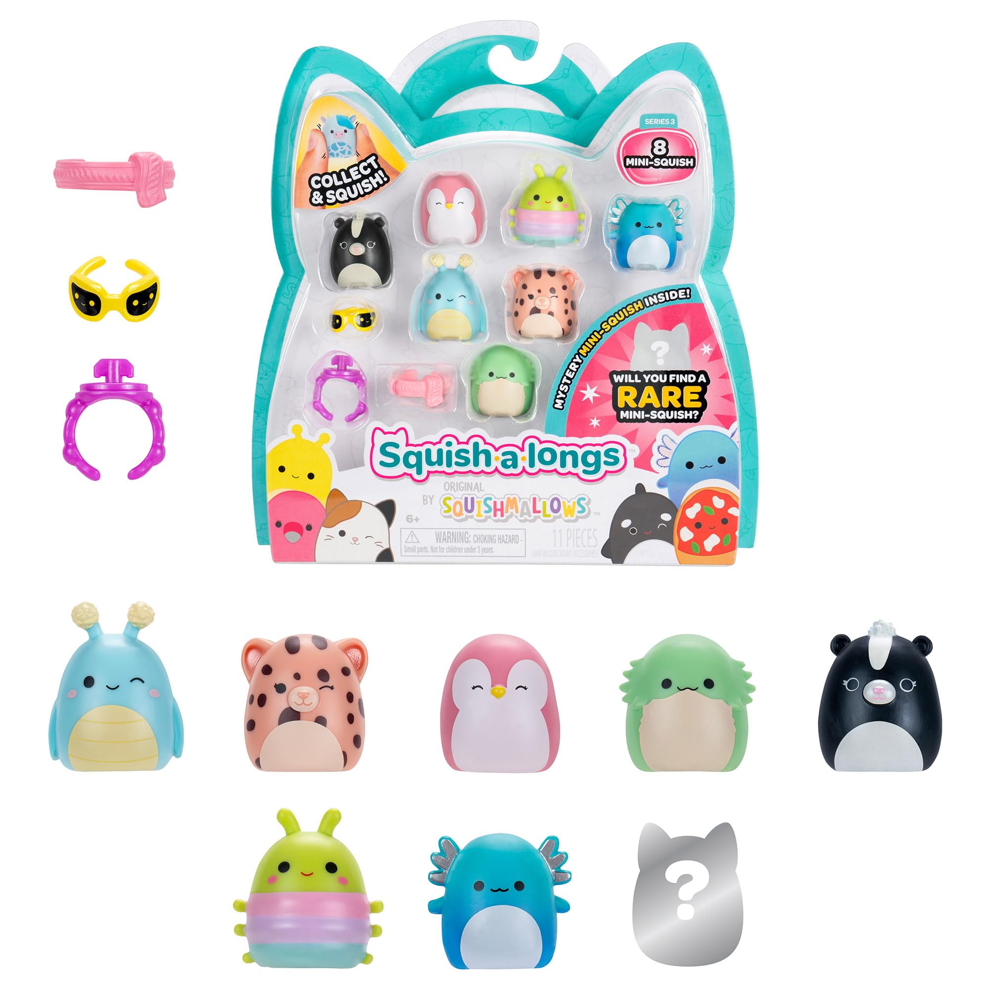 Squish-a-longs Mini-Squish 8-Pack Wave 3 - Skunk, Pink Penguin, Axolotl, Bearded Dragon, Grasshopper, Cheetah, Caterpillar, Mystery Chase