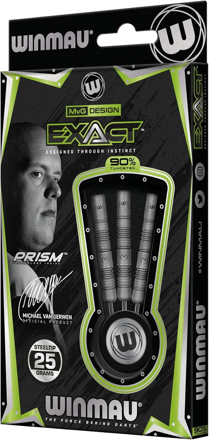 WINMAU Michael Van Gerwen MvG ExAct 25 Gram Tungsten Darts Set with Flights and Shafts - Premium Steel Tip Darts for Precision and Performance