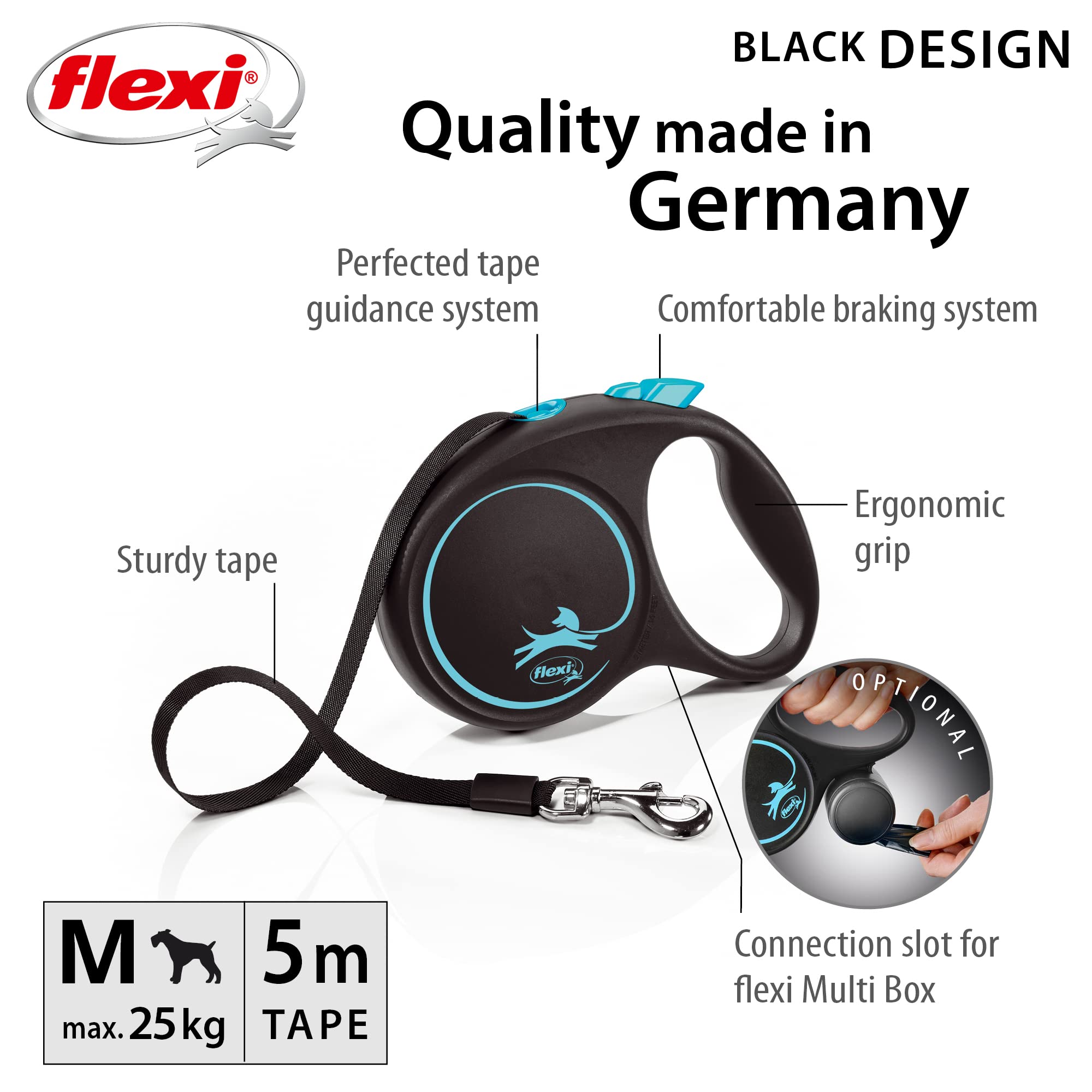 flexi Black Design Retractable Dog Lead - Medium Size, 5m Tape, For Dogs up to 25kg/55lbs | Blue 2